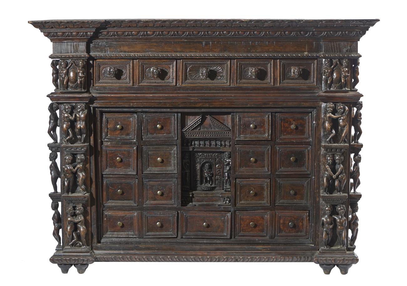 17th Century Louis XIV Walnut Italian Cabinet Called Bambocci Carved Wood Black 2