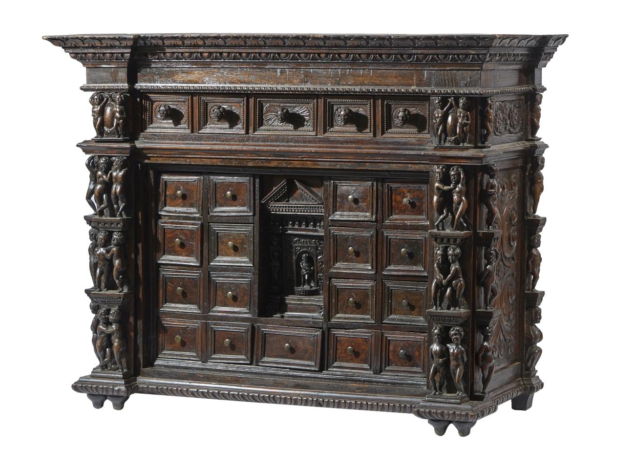 17th Century Louis XIV Walnut Italian Cabinet Called Bambocci Carved Wood Black 3