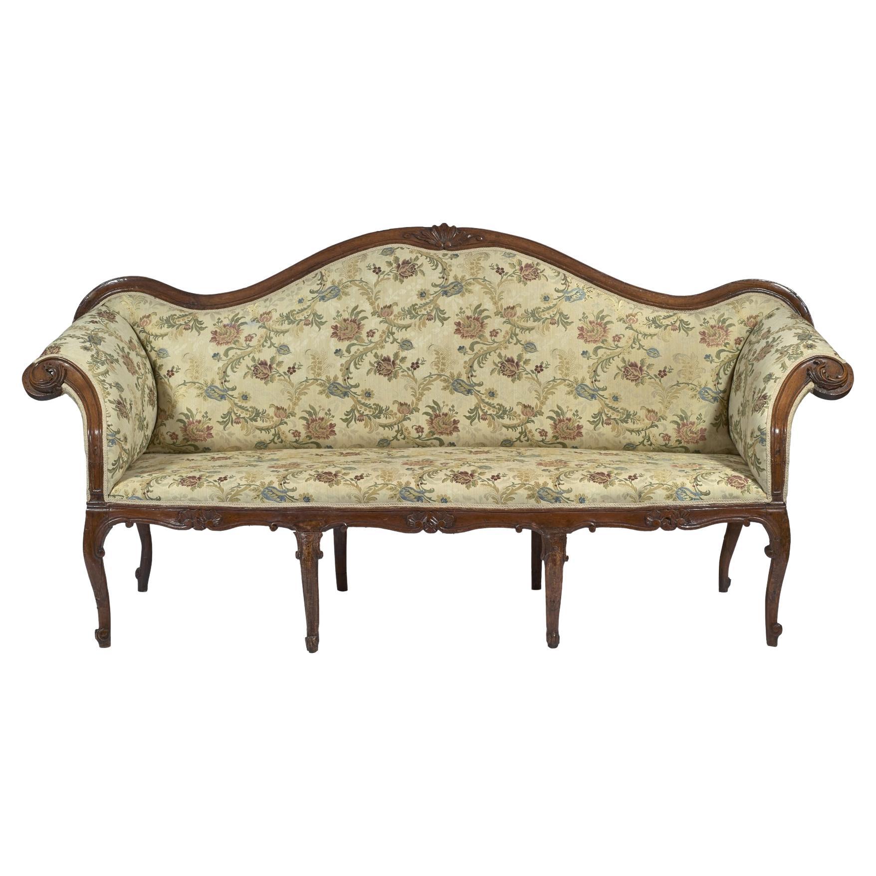 17th Century Louis XV 15 Walnut Italian Sofa Curvy Wings Long Leg Brown White For Sale