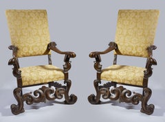 17th Century Louis XV Walnut Venetian Armchairs Pair Of Hand Carving Yellow