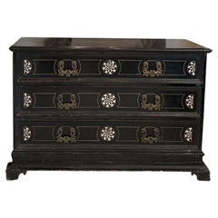 17th Century Louis XVI Noir Commode with Bone Inlays and Lion Pulls