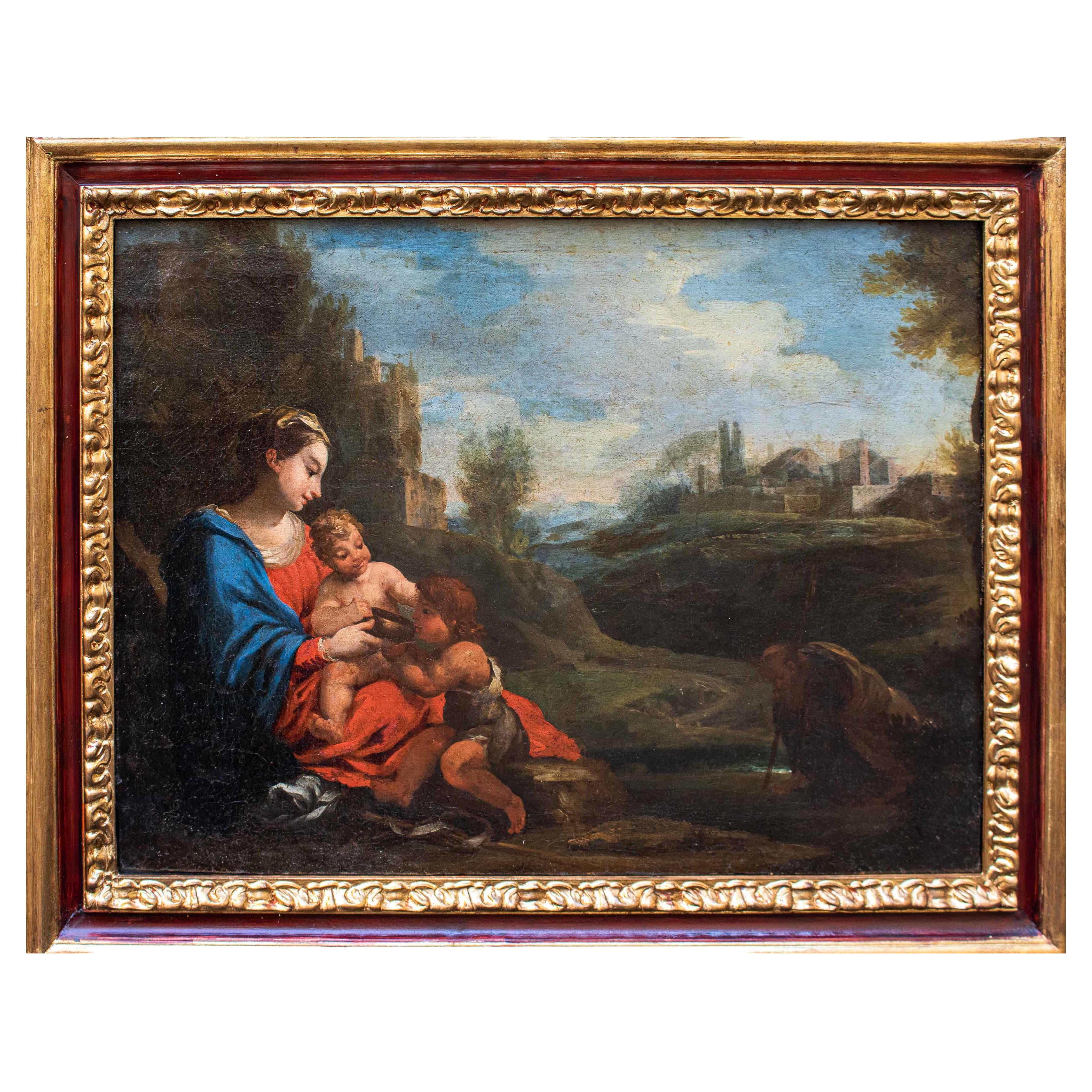 17th Century Madonna and Child with St. John the Baptist Painting Oil on Canvas
