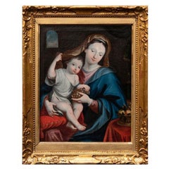 17th Century Madonna of the Grape Painting Oil on Canvas French School
