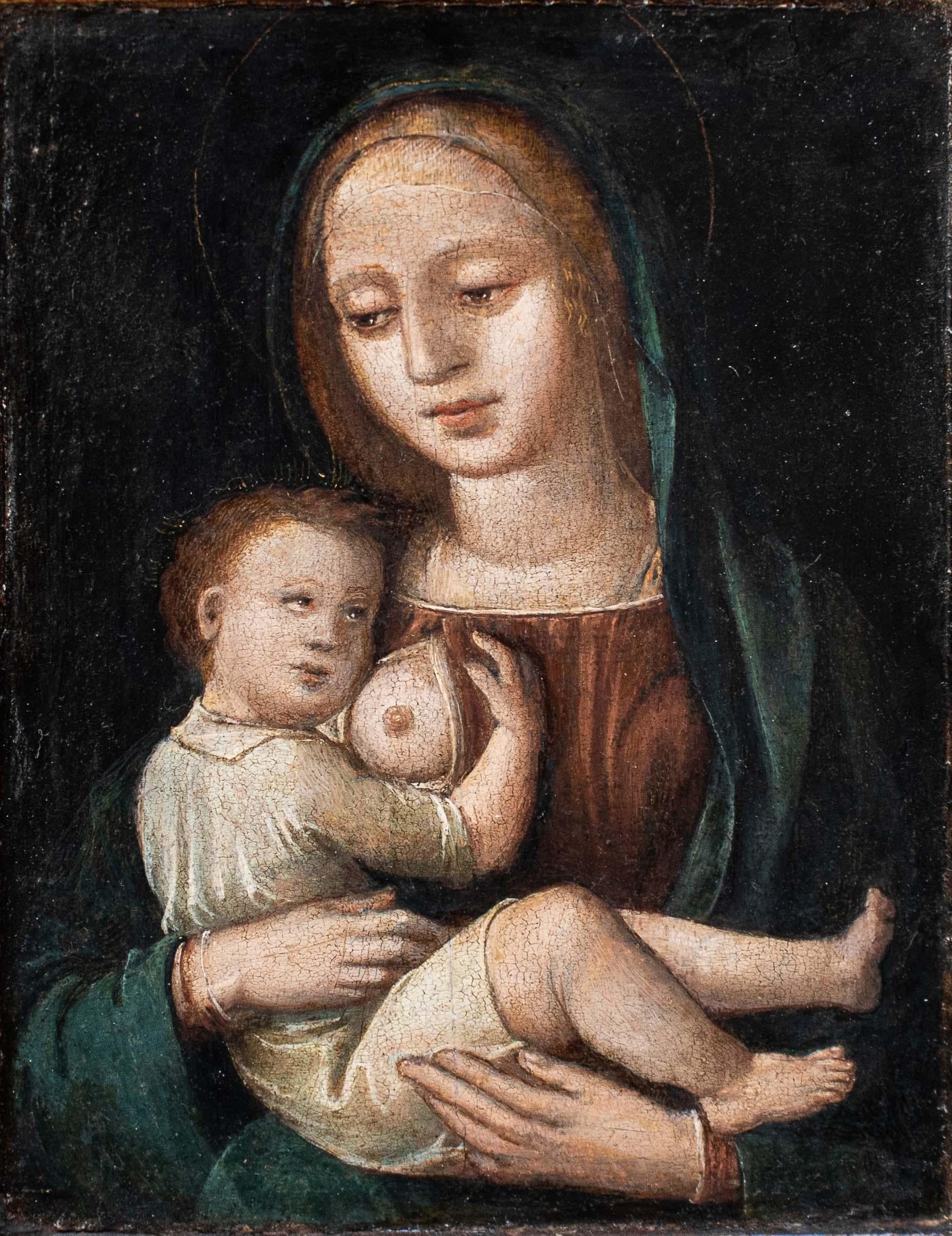 17th century
Madonna of the milk
Oil on panel, 27 x 20 cm - with frame 32.5 x 26 cm

The subject of the work in question is particularly fascinating for its sweetness and refinement. In fact, it represents the so-called iconography of the Virgo