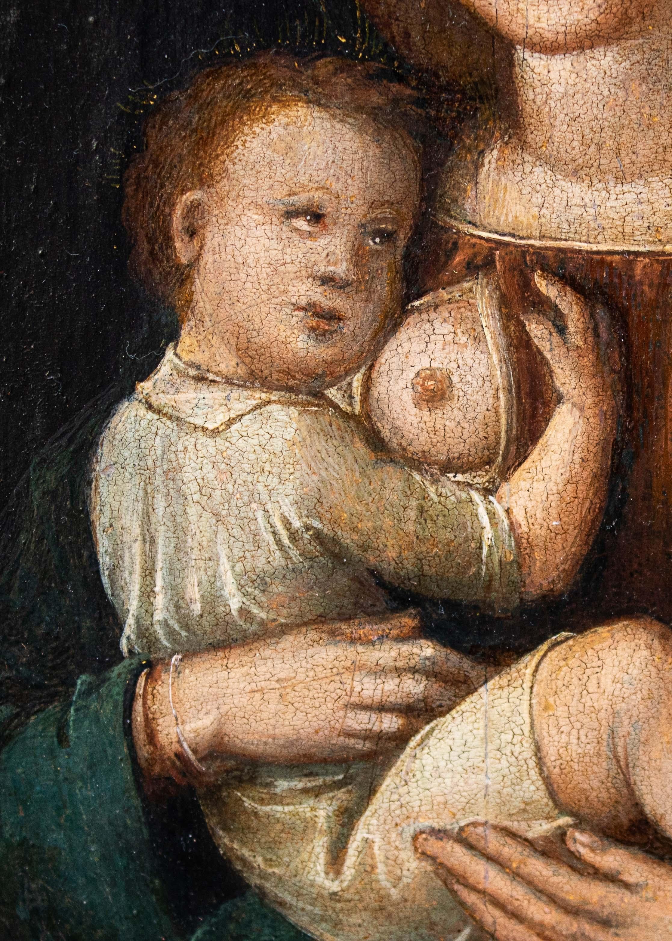 Italian 17th Century Madonna of the Milk Painting Oil on Panel For Sale