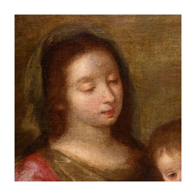 Oiled 17th Century Madonna of the Rosary Adored by San Domenico Painting Oil on Canvas