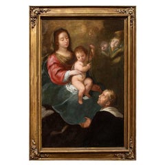 Antique 17th Century Madonna of the Rosary Adored by San Domenico Painting Oil on Canvas