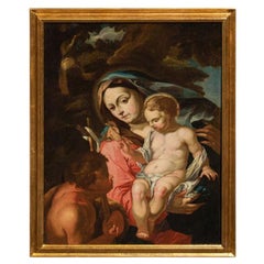 17th Century Madonna with Child and San Giovannino Painting Oil on Canvas