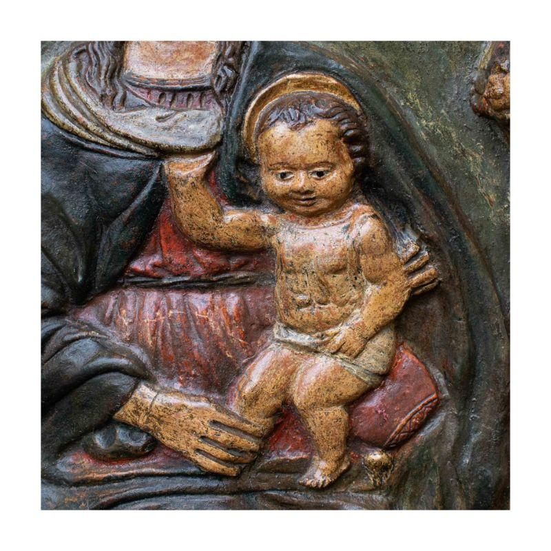 Molded 17th Century Madonna with Child from the Impruneta Tondo Polychrome Terracotta For Sale