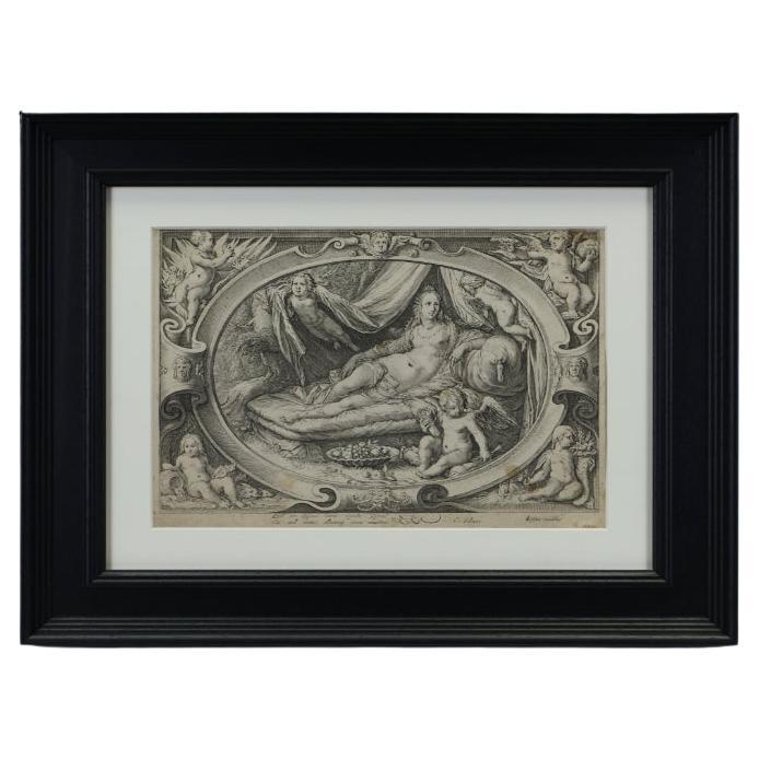 Venus and Cupid Engraving, Mannerist Style, Circa 1600, Signed, Black Fame For Sale