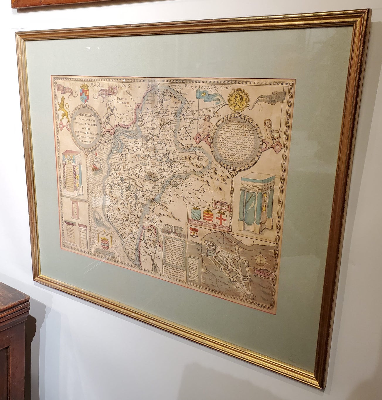 Rare extremely early map of the county of Cumberland in the Northwest of England. Printed by John Speed, hand colored. Excellent condition. 
English. Dated 1610.
Measures: 23” H 27” W framed.
     