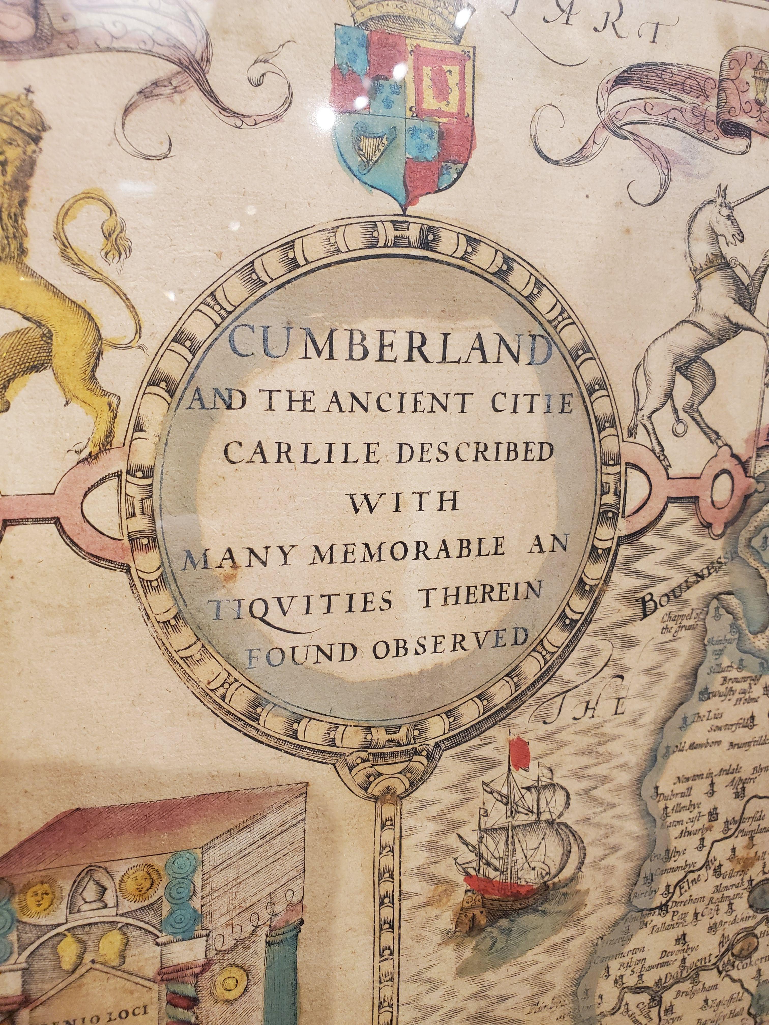 17ème siècle Carte du comté de Cumberland, dans le nord-ouest de l'Angleterre, imprimée par John Speed, datant du 17e siècle en vente