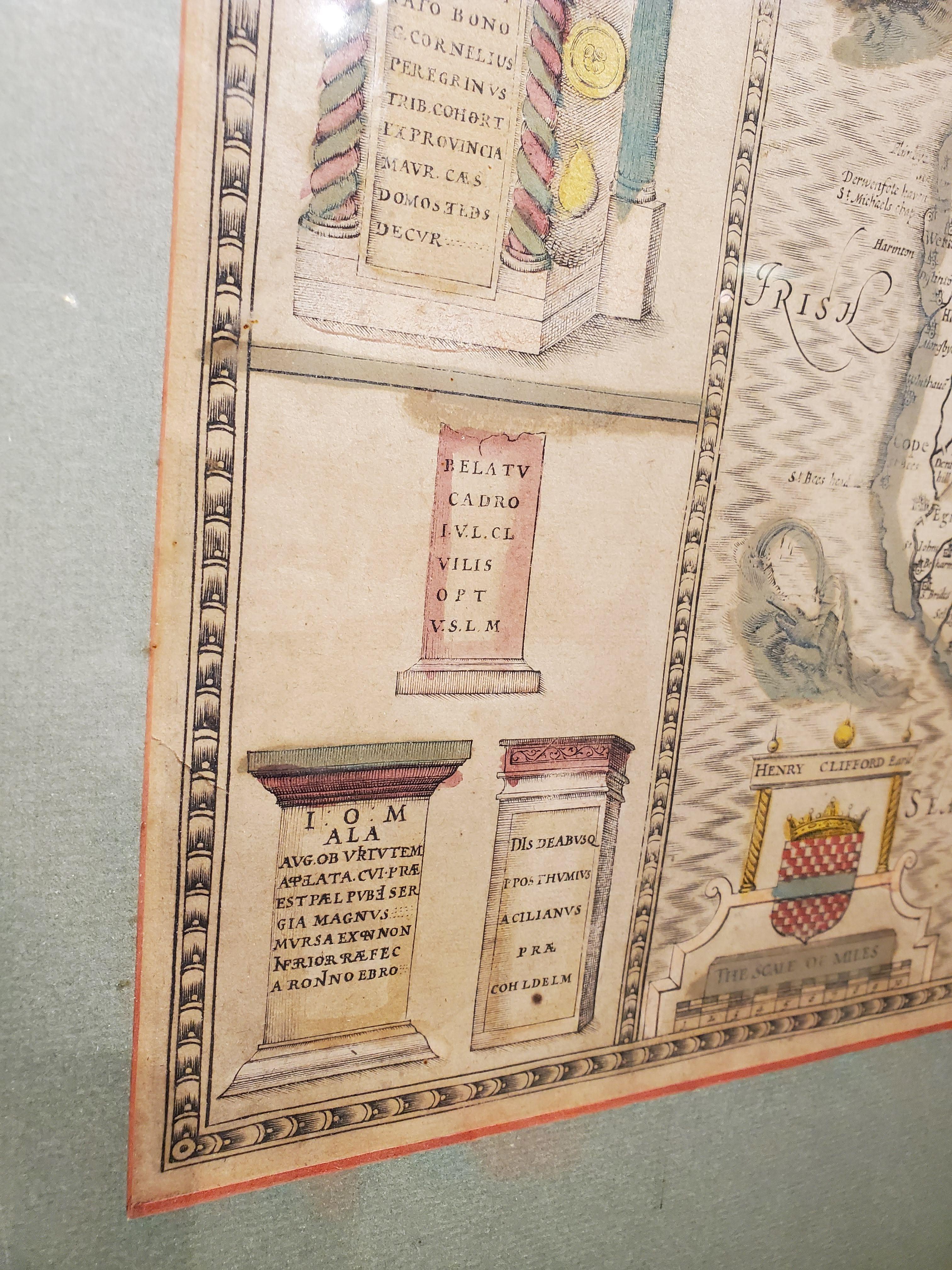 English 17th Century Map of Cumberland County in Northwest England Printed by John Speed For Sale