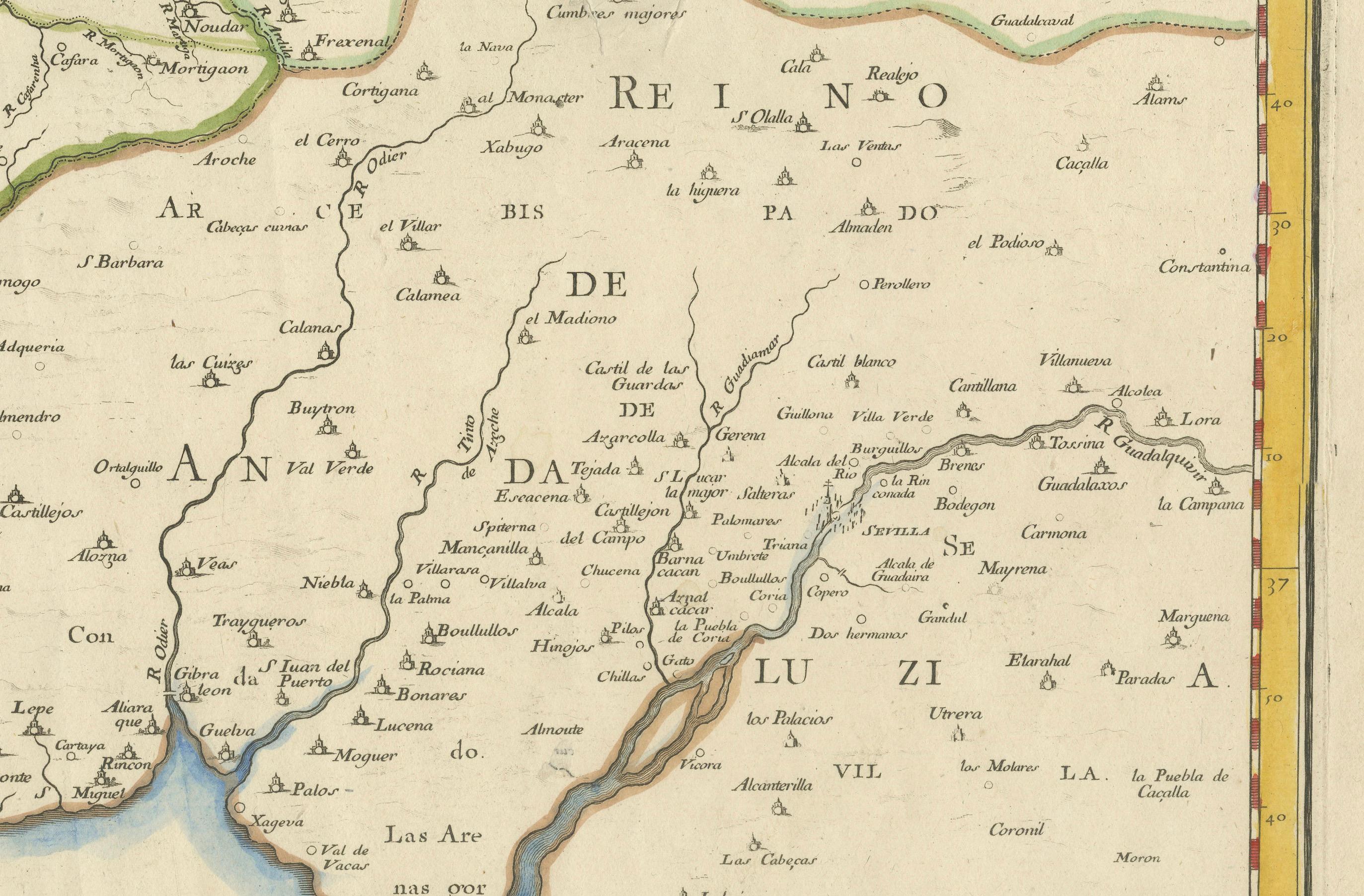 17th Century Map of Southern Portugal by Sanson – Hand-Colored, 1679 (Französisch) im Angebot