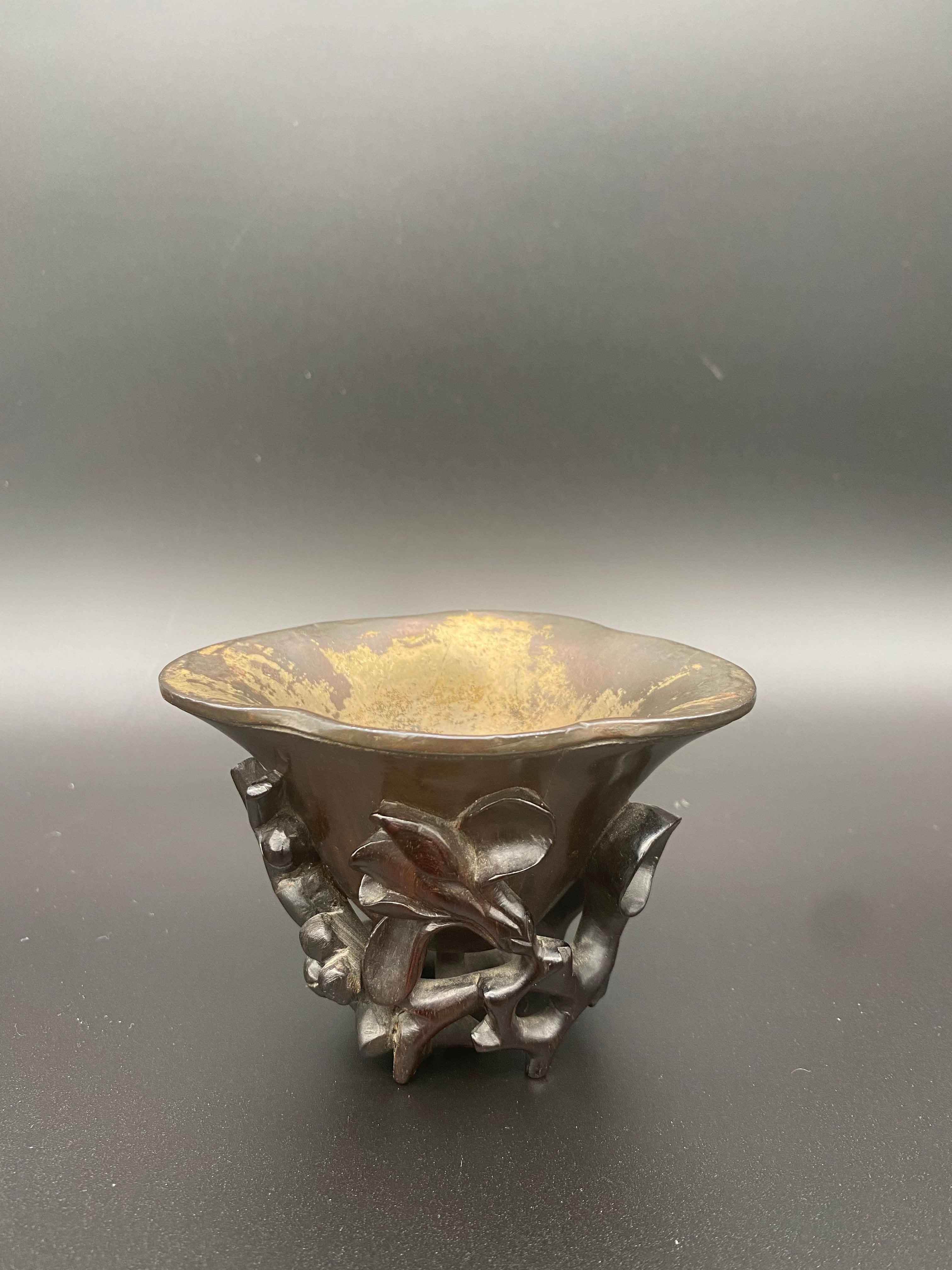 17th Century Ming Dynasty Chinese Zitan Libation Cup Silver Inlaid For Sale 2