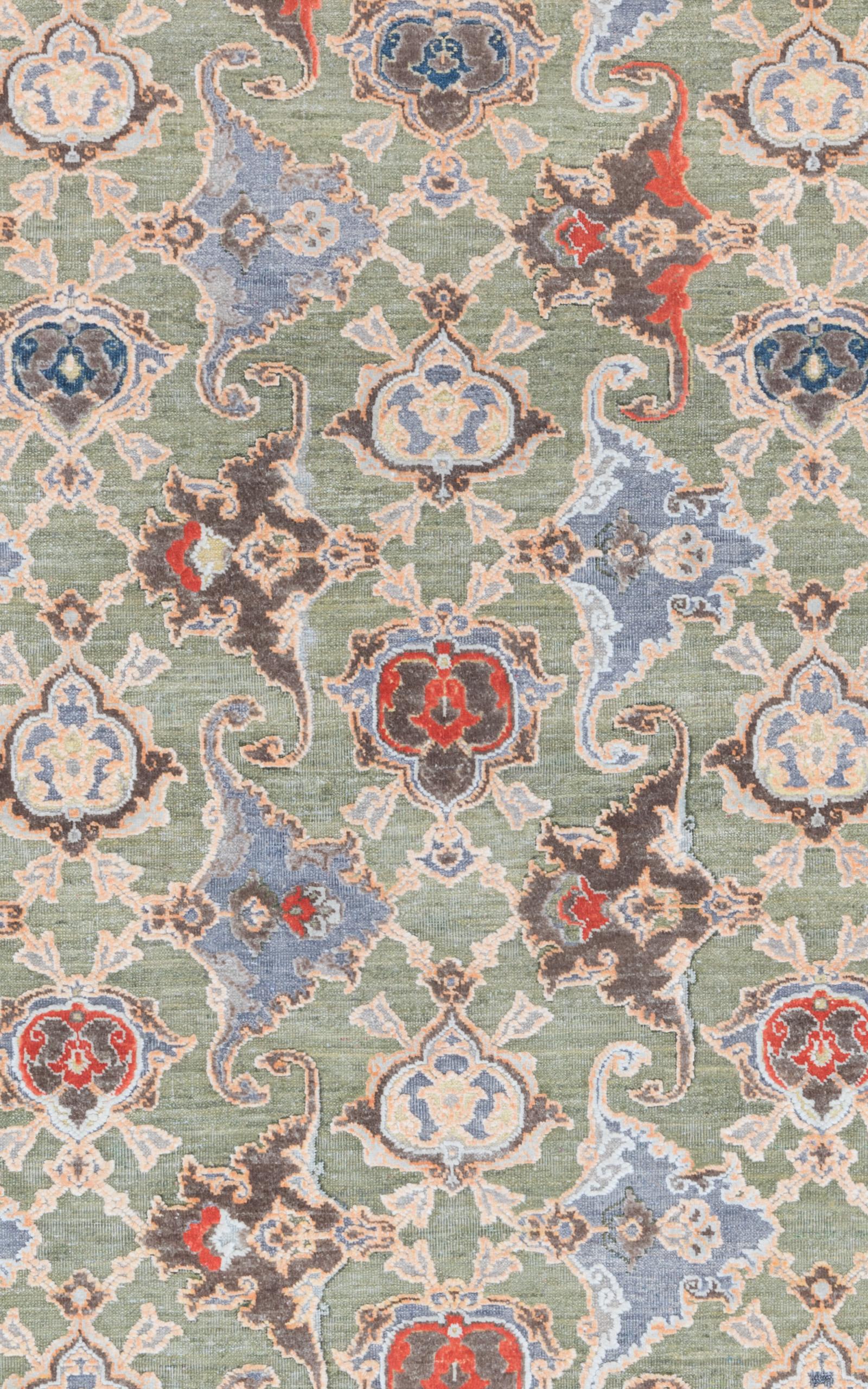 Polonaise is a 17th Century Classic design, based on an original rug seen on a trip to Istanbul. This Polonaise design has been modernised and brought into the 21st century with the use of vibrant colours and modern techniques such as oxidisation,
