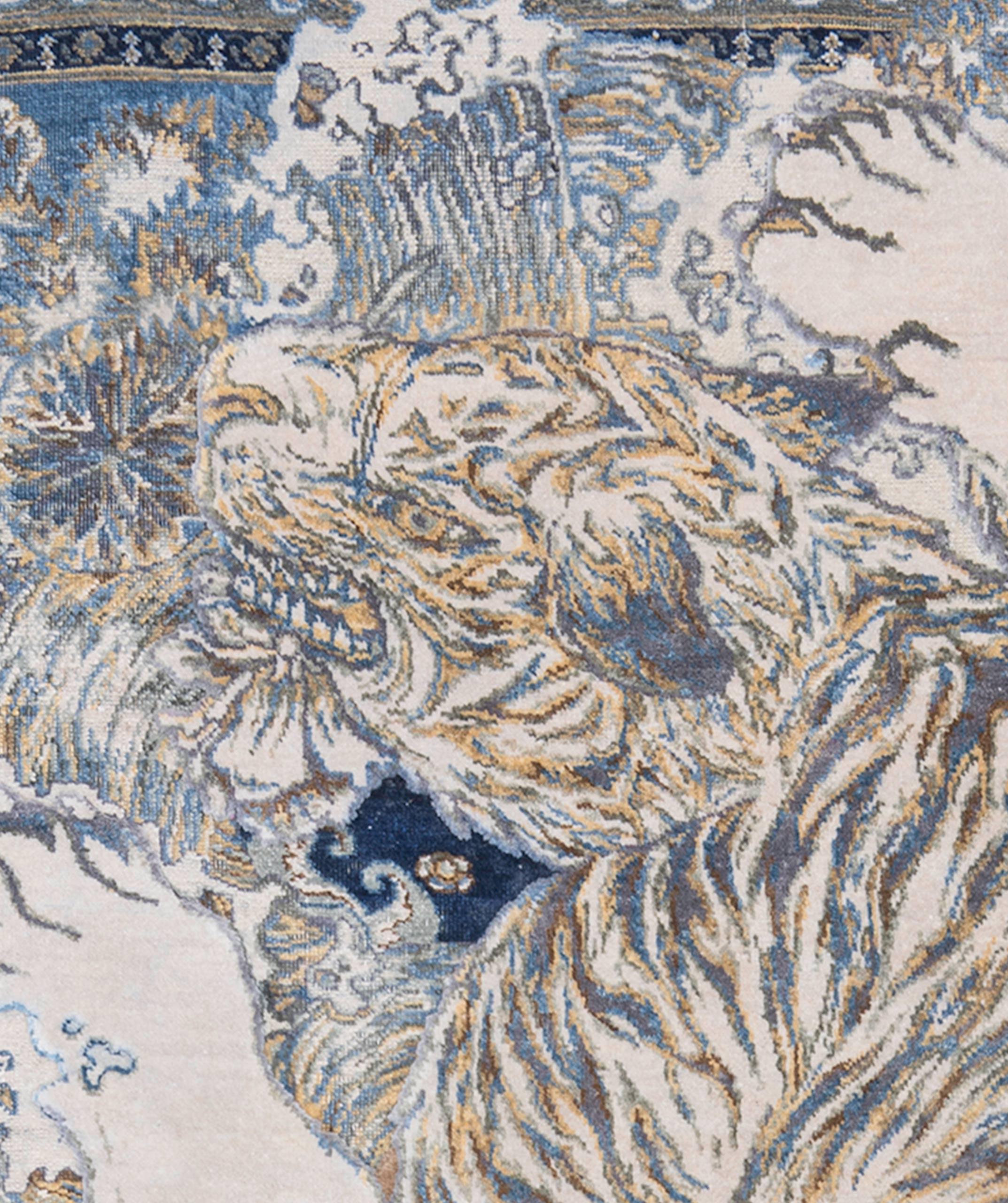 Indian Tibetan Tiger Rug by Knots Rugs, Hand-Knotted Silk & Wool, 17th Century Modern For Sale