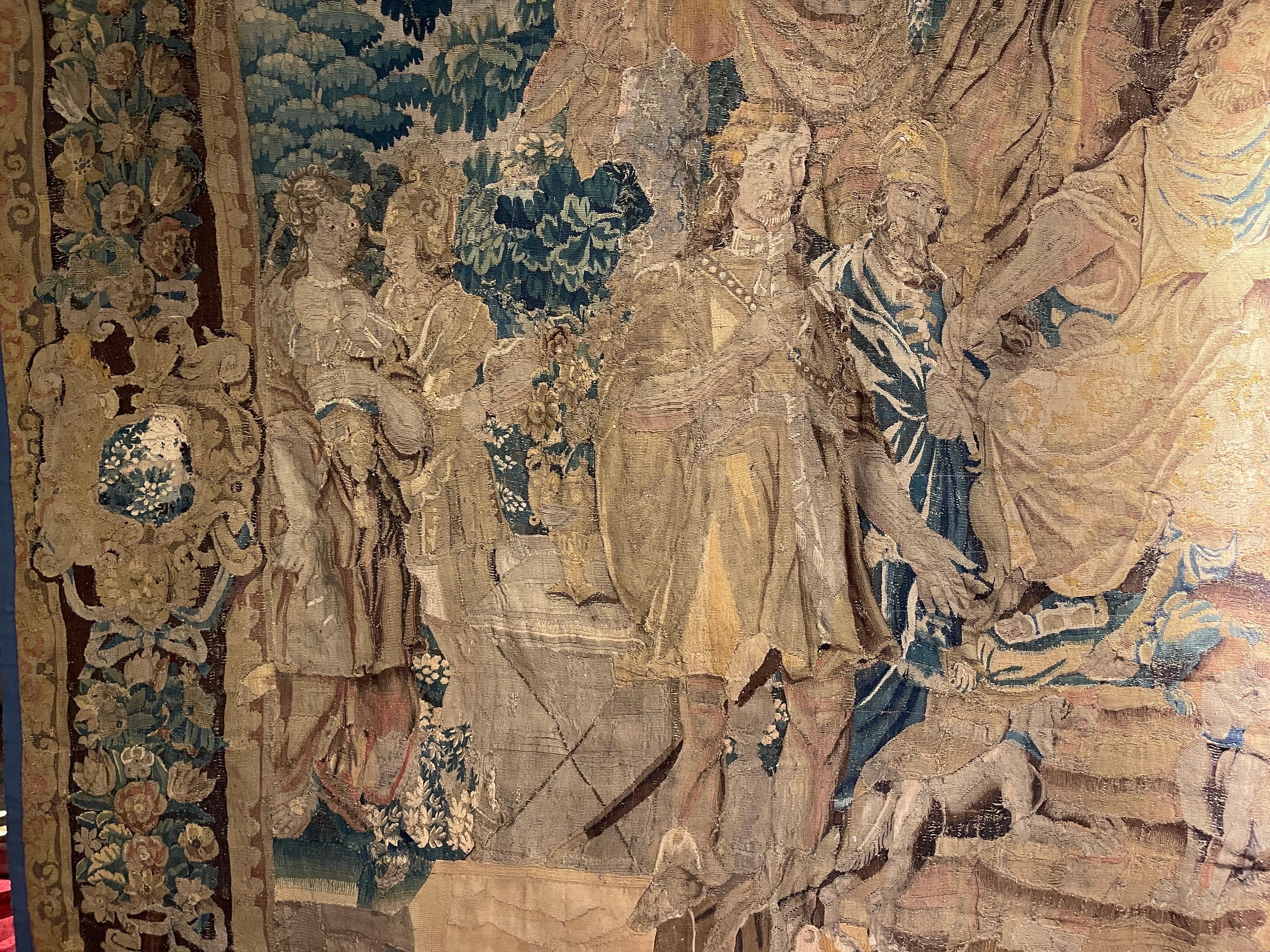 17th Century Monumental Tapestry/Gobelin Audience with the King in Antiquity

Extremely beautiful antique Gobelein tapestry, France probably around 1640. Fine wool & silk. Richly colored and detailed. Illustration royal audience with soldiers and