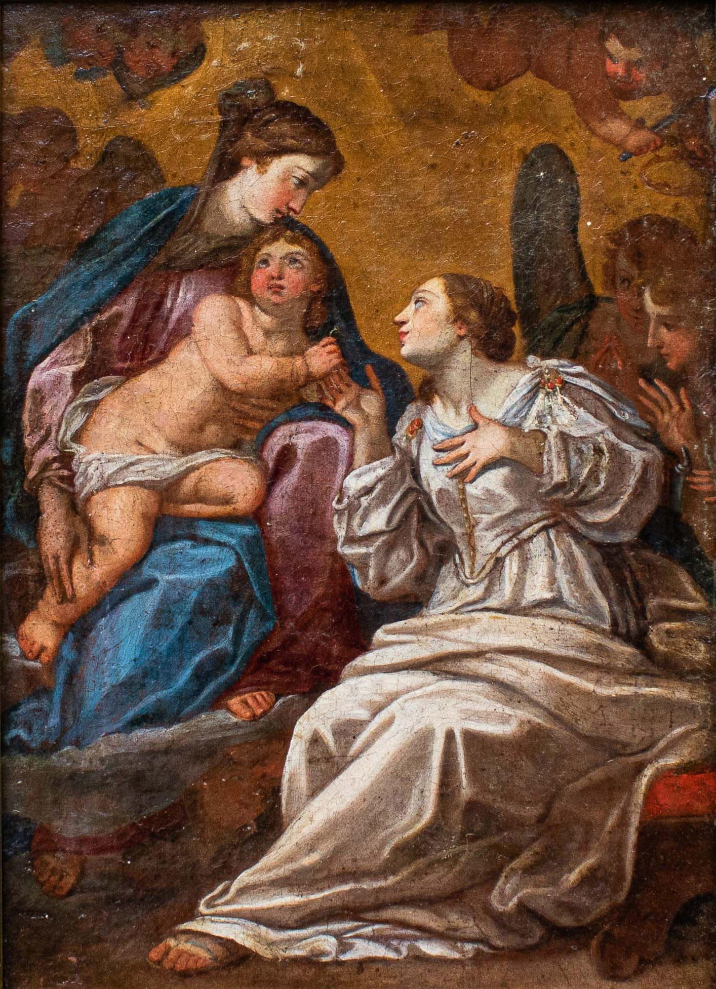17th century, Roman School
Mystical marriage of Saint Catherine of Alexandria
Oil on canvas, 32 x 23 cm
Frame cm 45 x 36

The saint is depicted in front of the Virgin holding the Child portrayed with the wedding ring in his hand, enriched with