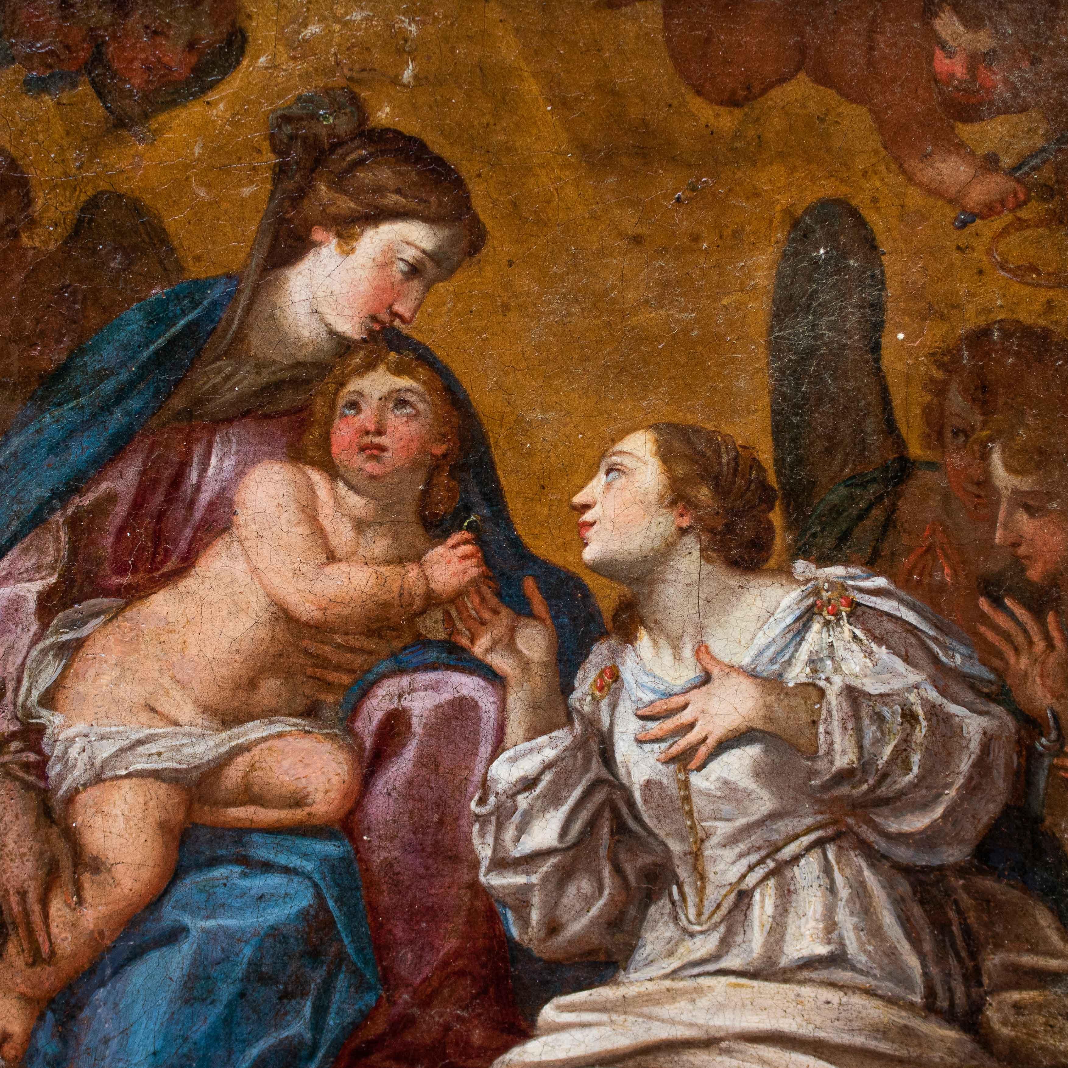 Mystische Ehe der Heiligen Katharina Oli auf Leinwand, römische Schule, 17. Jahrhundert im Zustand „Gut“ im Angebot in Milan, IT