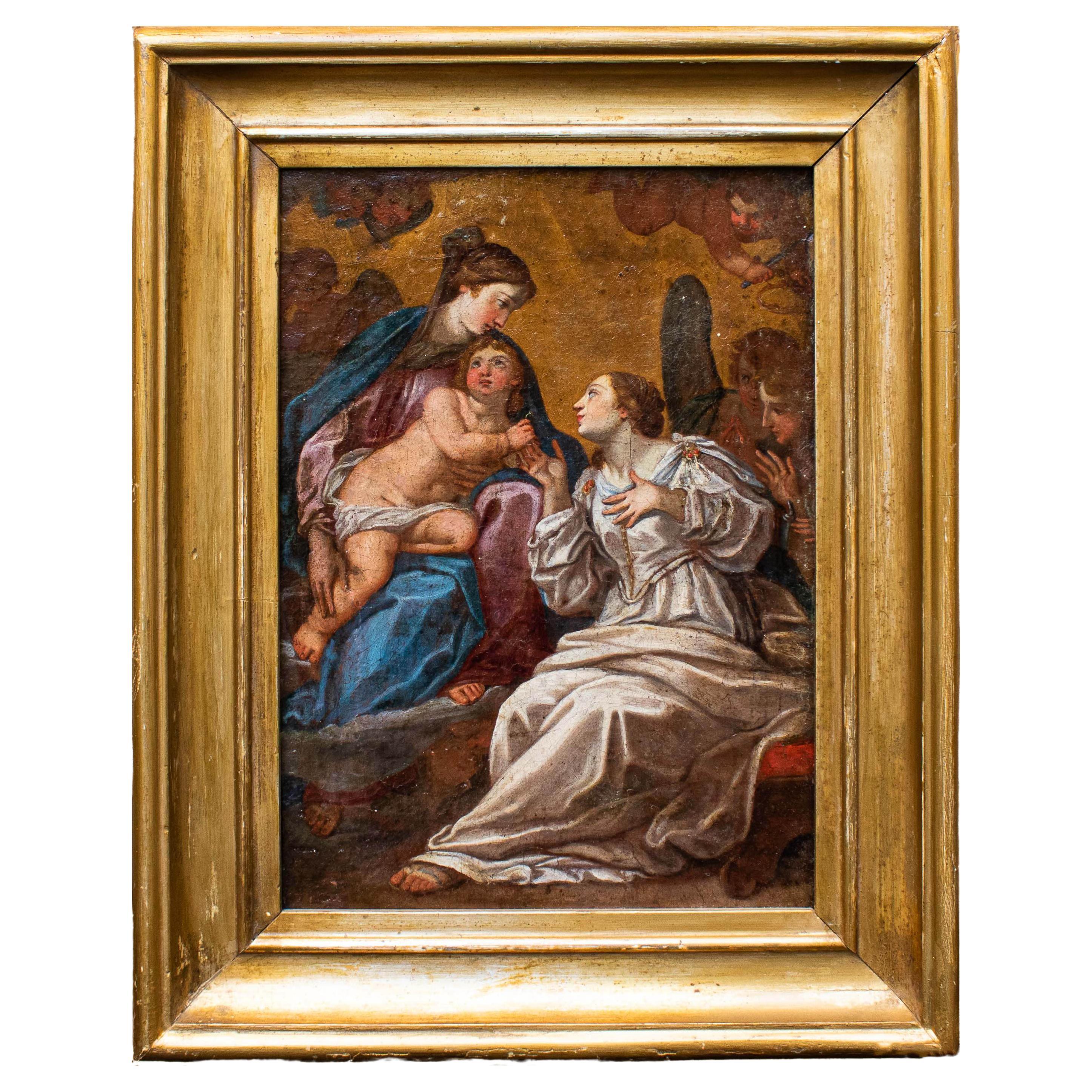 17th Century Mystical Marriage of Saint Catherine Oli on Canvas Roman School For Sale