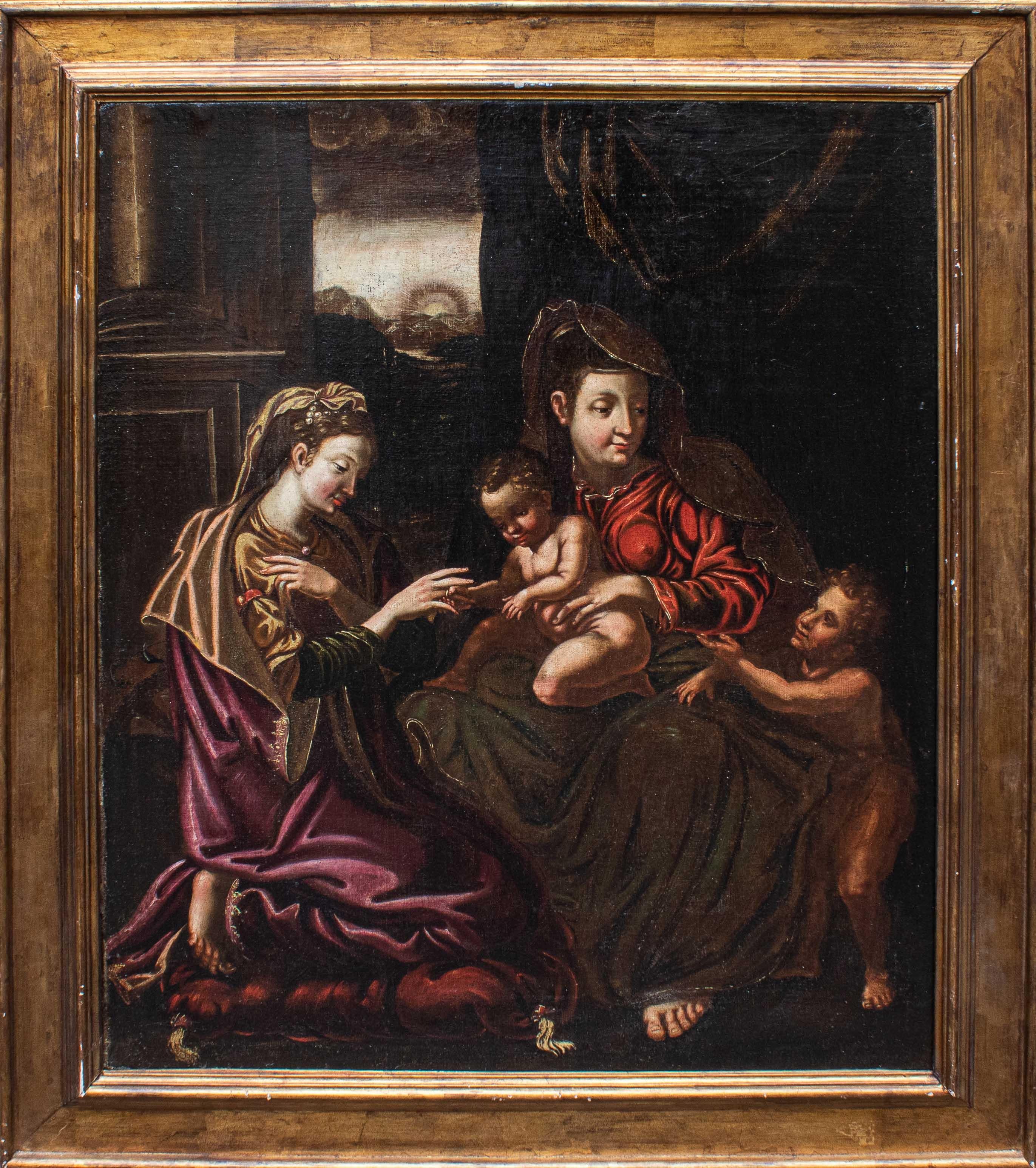 Peinture à l'huile sur toile du 17ème siècle représentant le mariage mystique de Sainte Catherine en vente 9