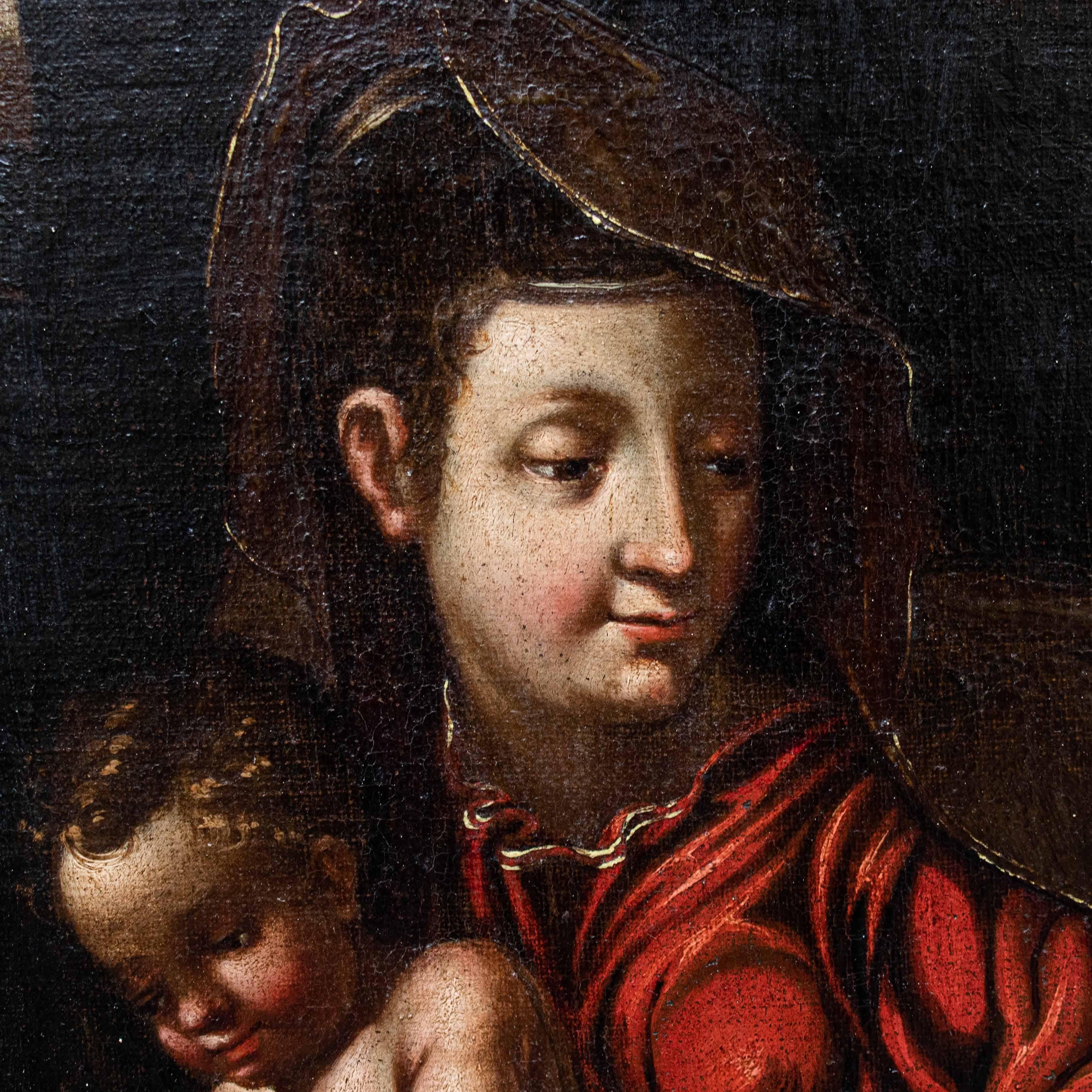 italien Peinture à l'huile sur toile du 17ème siècle représentant le mariage mystique de Sainte Catherine en vente