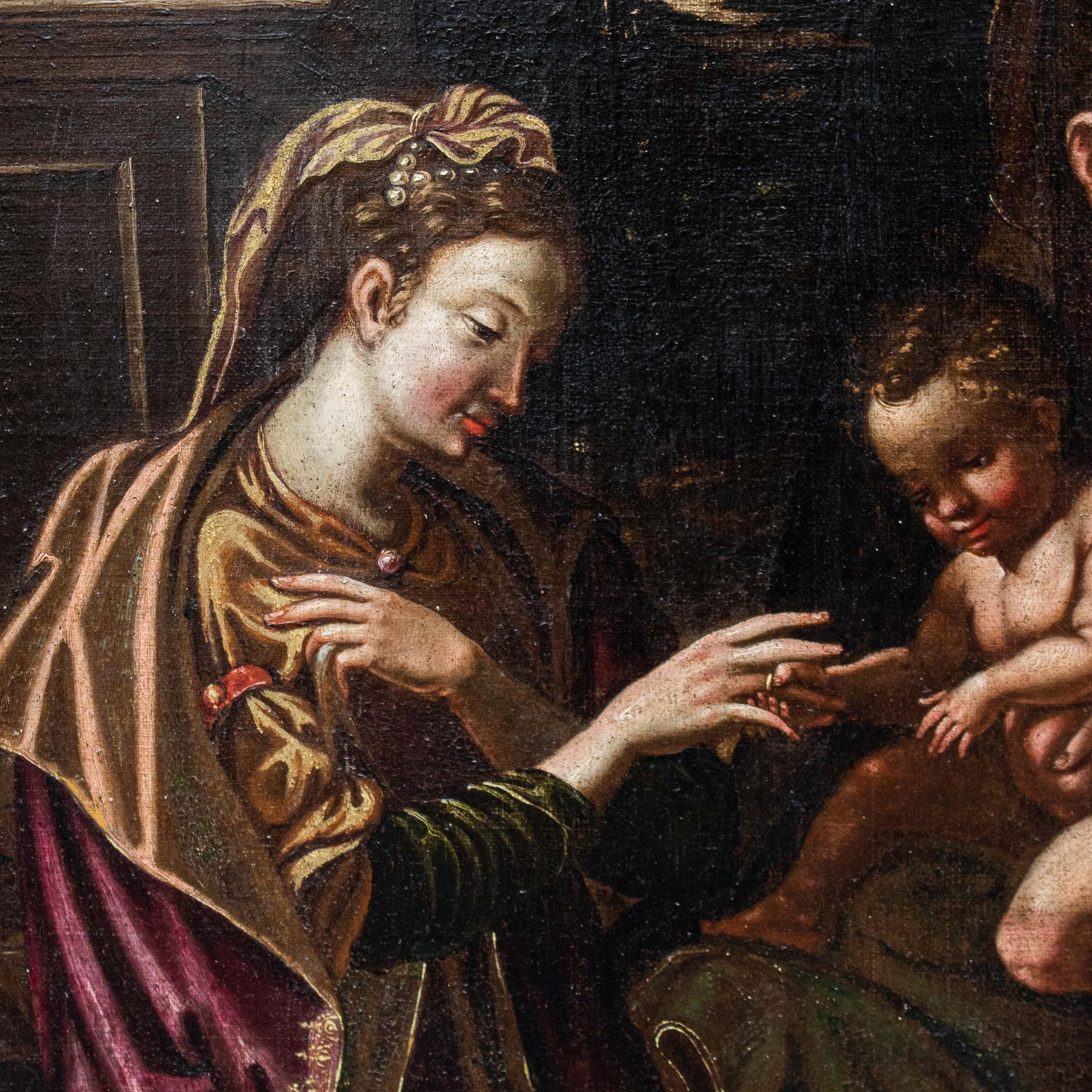 Peinture à l'huile sur toile du 17ème siècle représentant le mariage mystique de Sainte Catherine Bon état - En vente à Milan, IT
