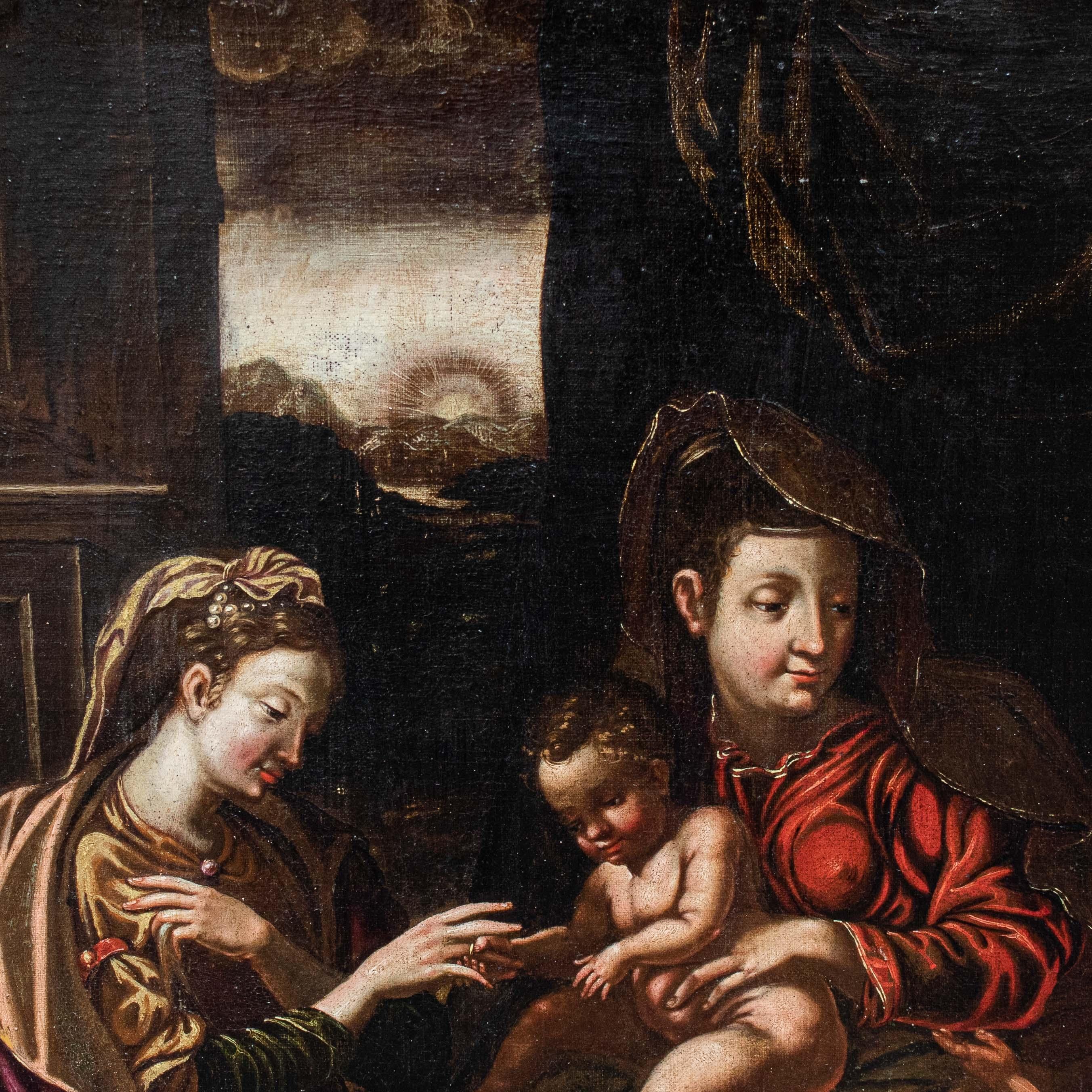 Peinture à l'huile sur toile du 17ème siècle représentant le mariage mystique de Sainte Catherine en vente 1