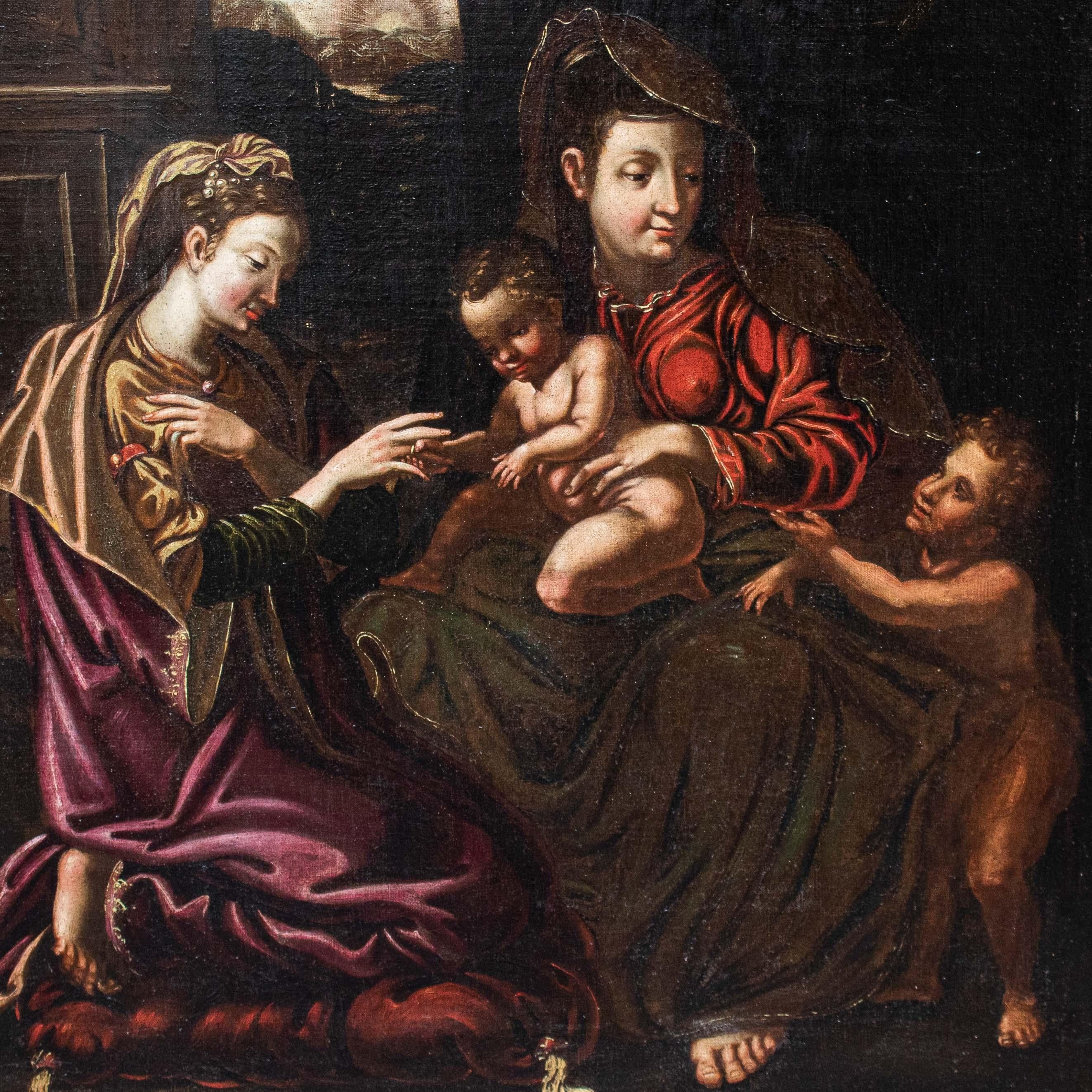 Peinture à l'huile sur toile du 17ème siècle représentant le mariage mystique de Sainte Catherine en vente 2