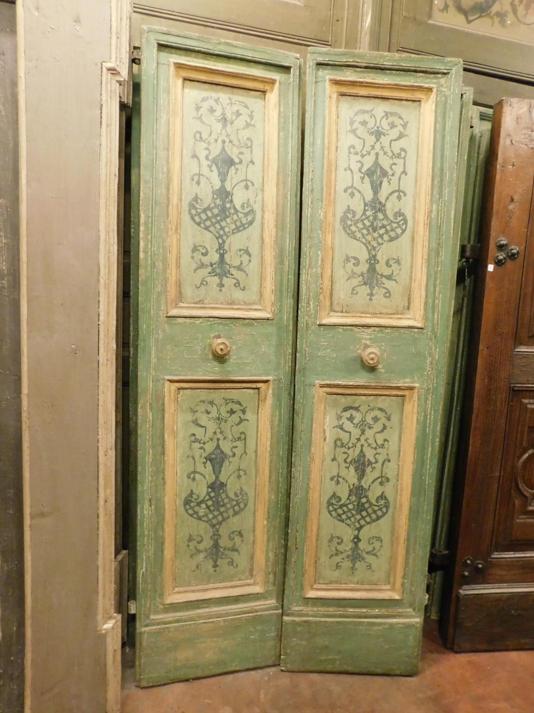 Italian 17th Century Antique Double Doors, Green and Yellow, Hand-Painted, Italy For Sale