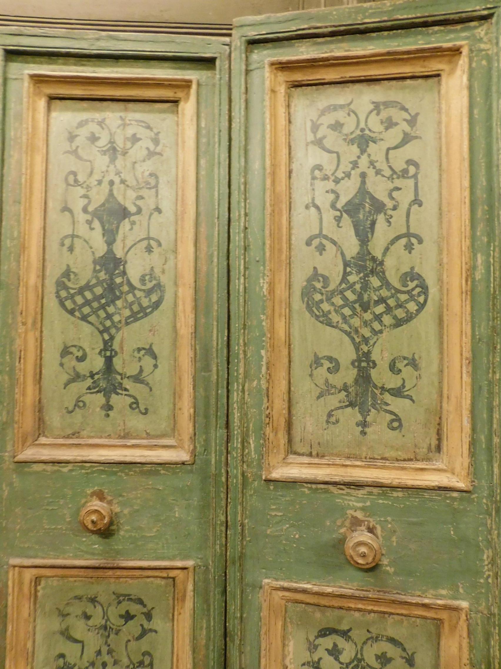 18th Century and Earlier 17th Century Antique Double Doors, Green and Yellow, Hand-Painted, Italy For Sale