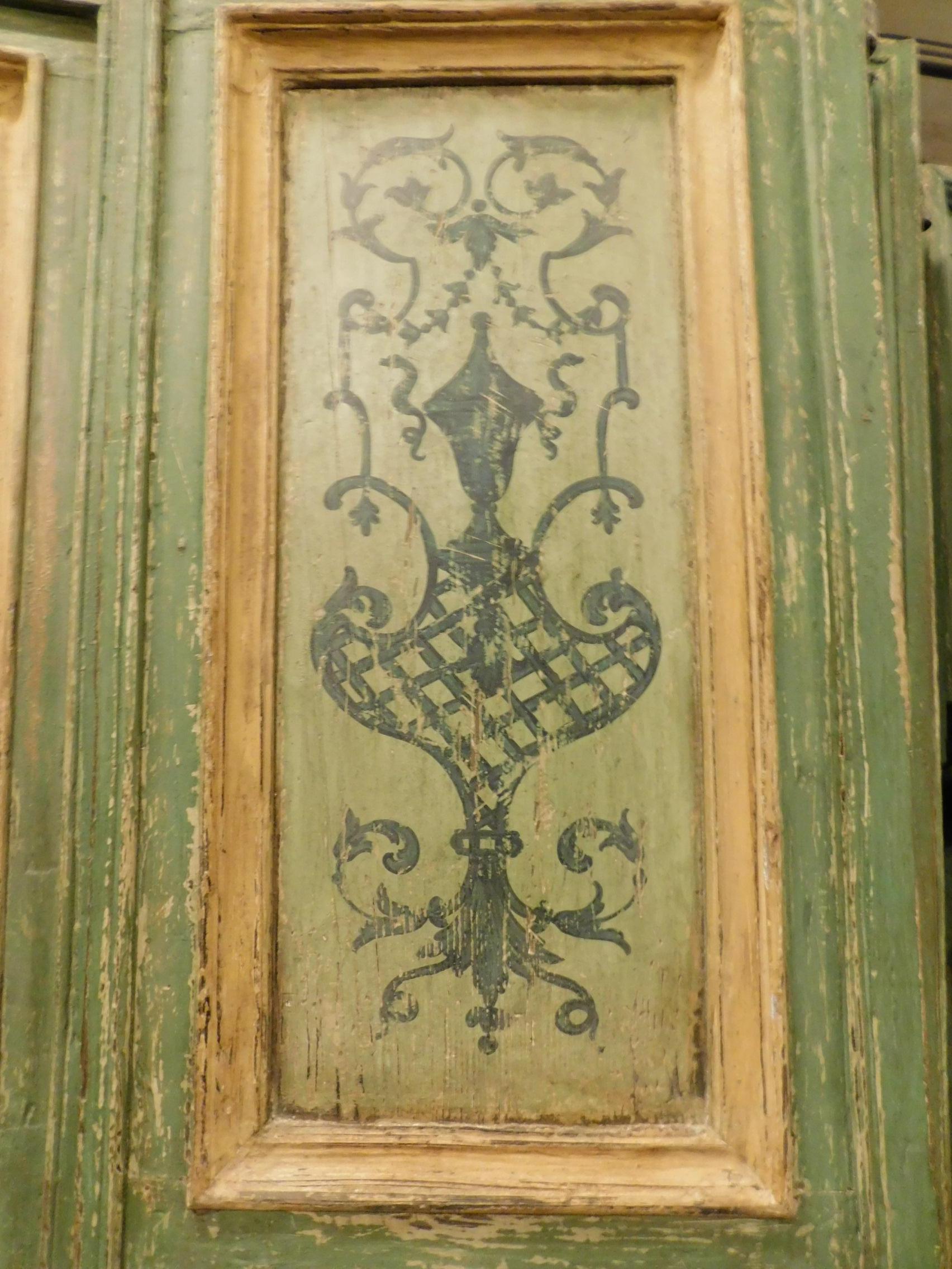 Wood 17th Century Antique Double Doors, Green and Yellow, Hand-Painted, Italy For Sale