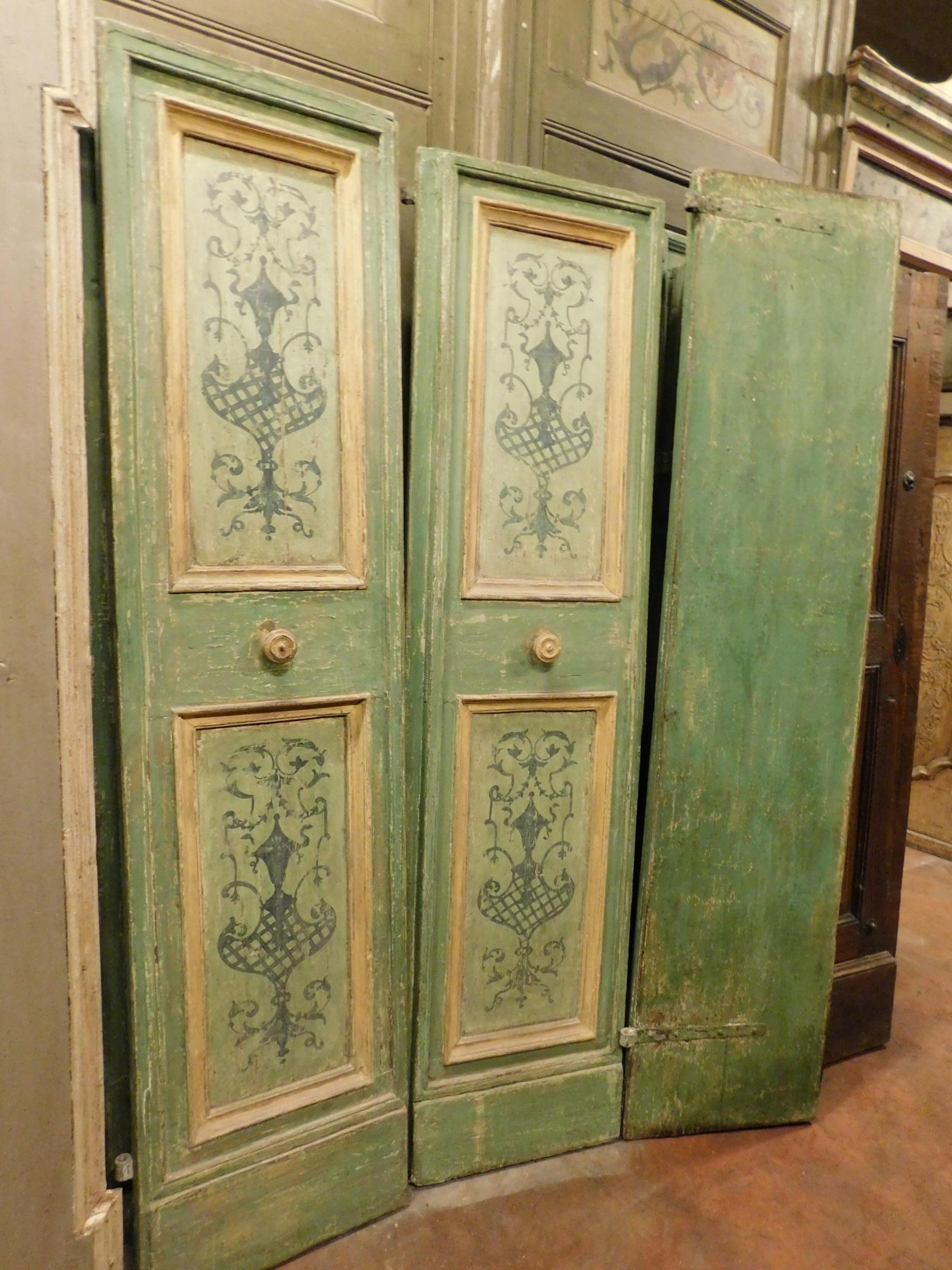 17th Century Antique Double Doors, Green and Yellow, Hand-Painted, Italy For Sale 1