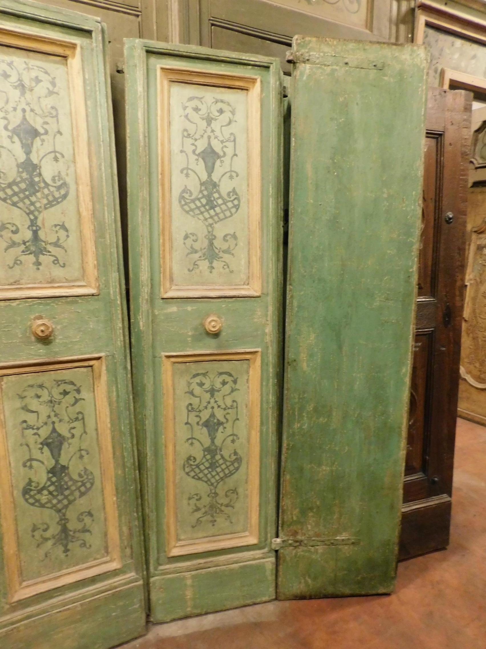17th Century Antique Double Doors, Green and Yellow, Hand-Painted, Italy For Sale 2