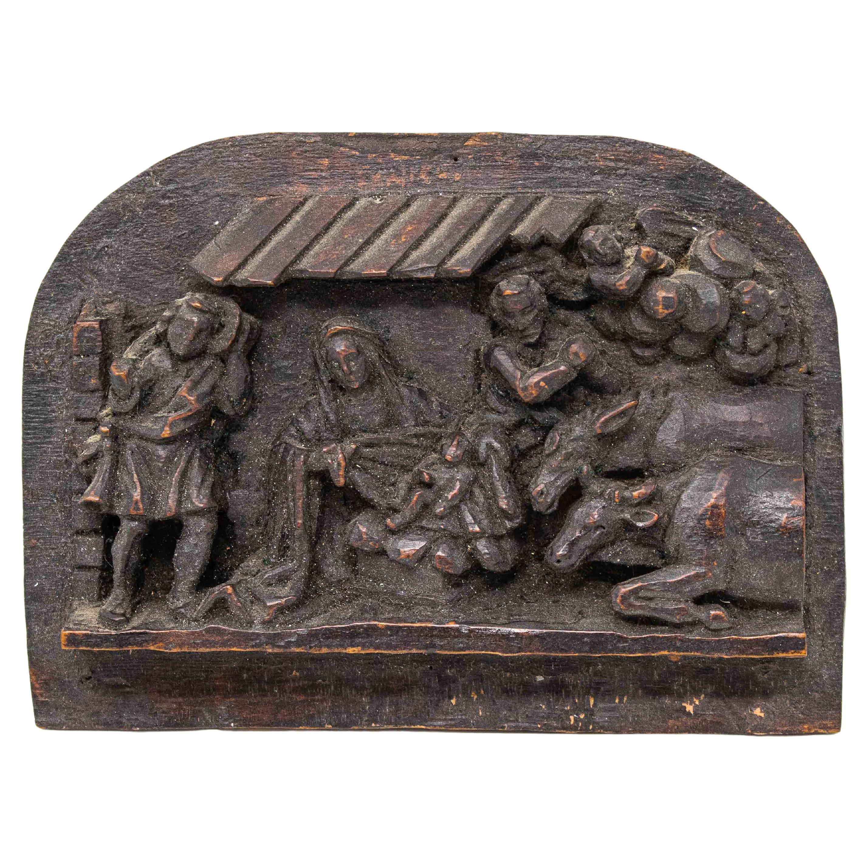 17th Century, Nativity Sculpture Wooden Relief