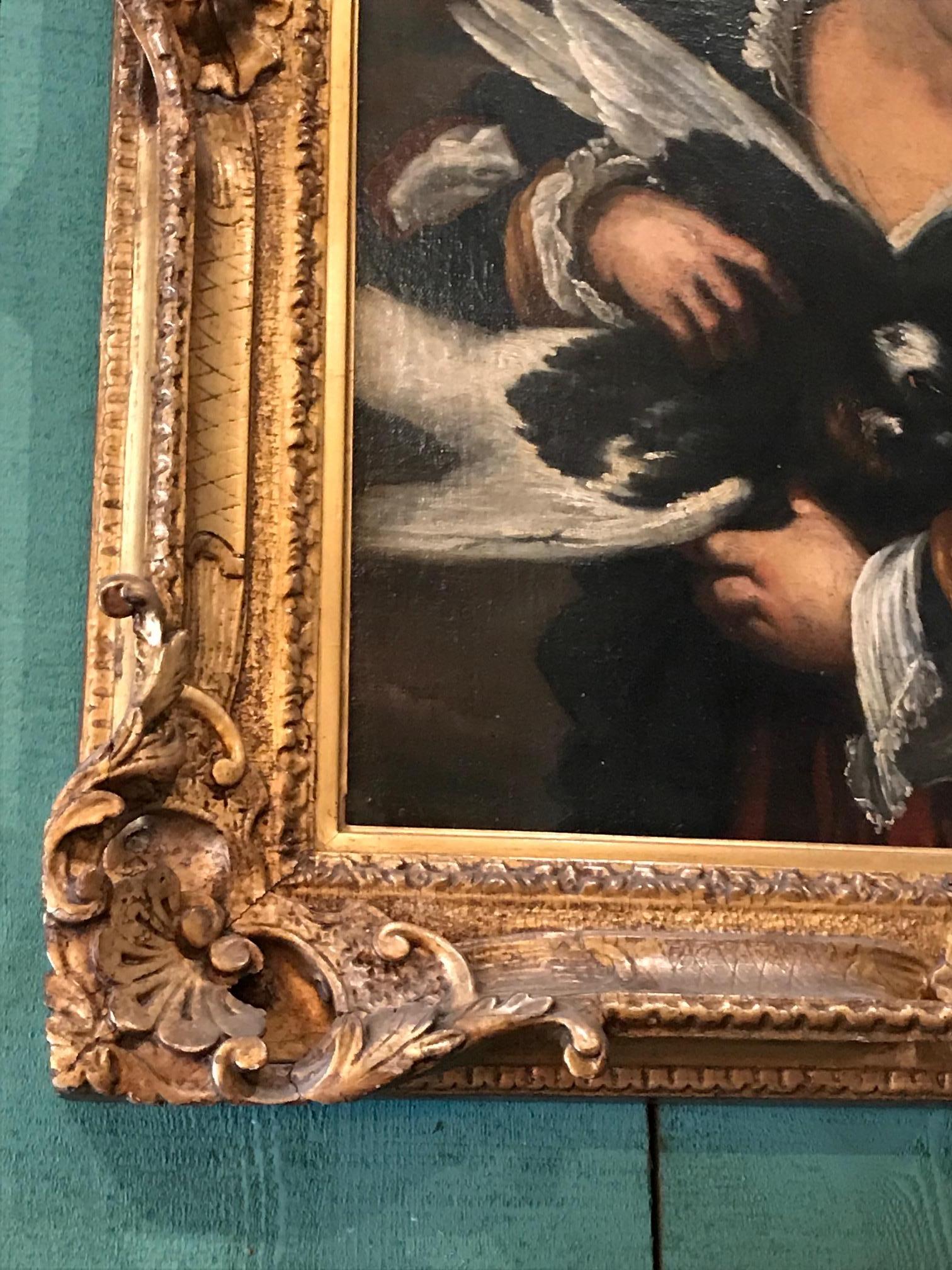 Neapolitanische Schule, Gemälde, Öl auf Leinwand, Junge und Vogel, Wandkunst, LA Gallery, 17. Jahrhundert (Gips) im Angebot
