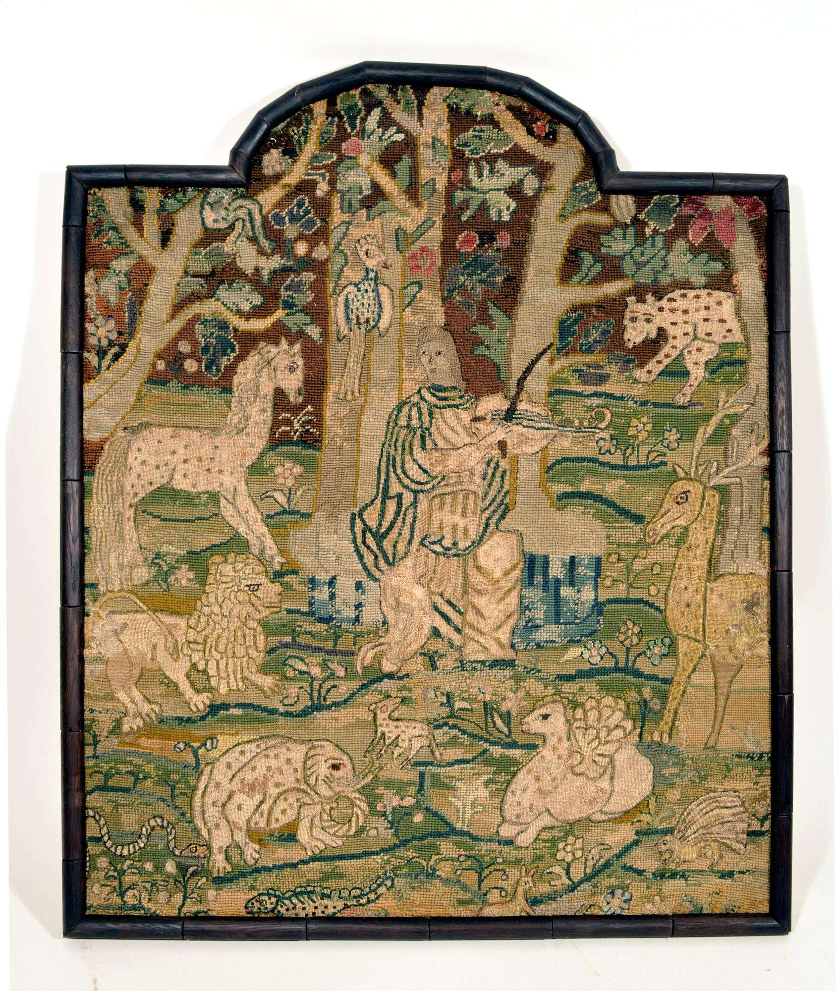 English 17th Century Needlework of Orpheus Taming the Wild Animals