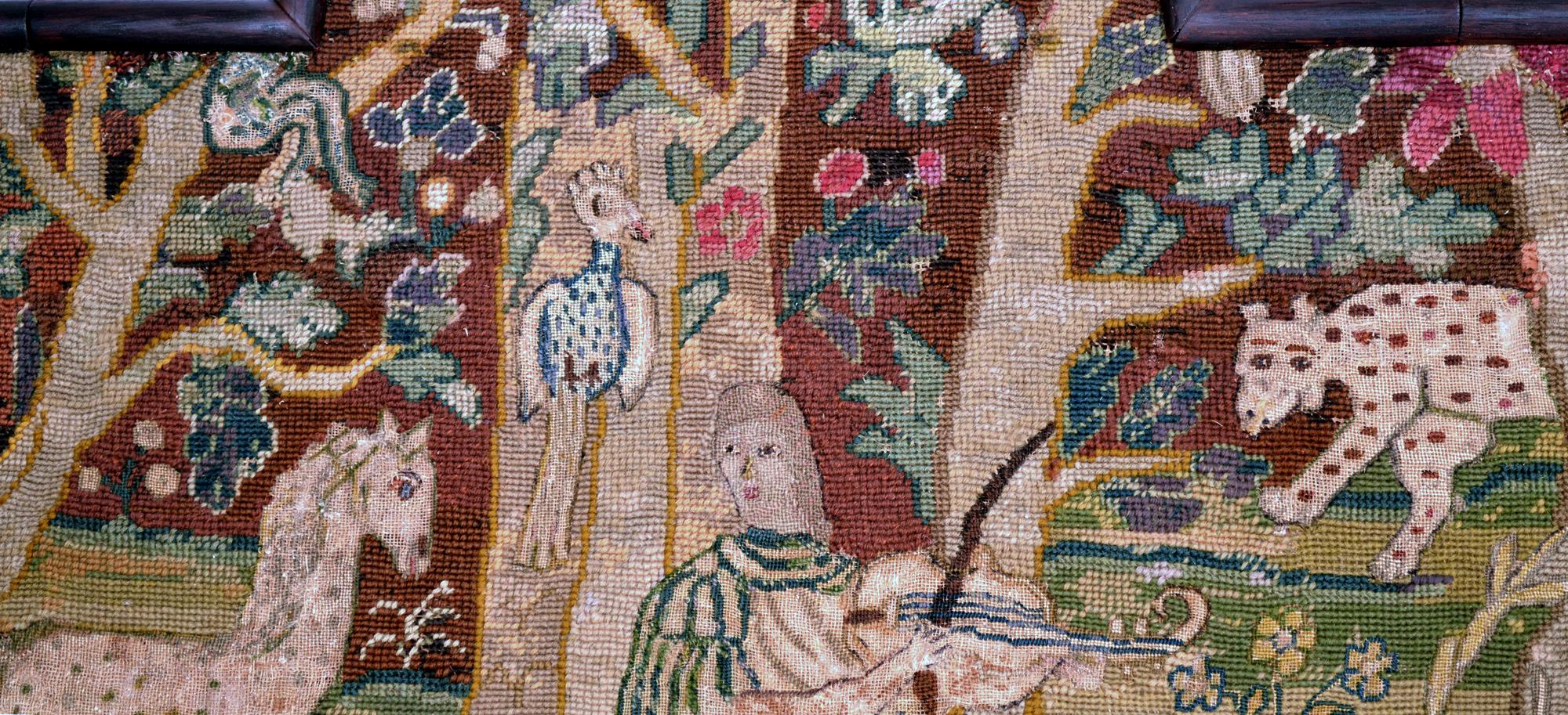 Textile 17th Century Needlework of Orpheus Taming the Wild Animals