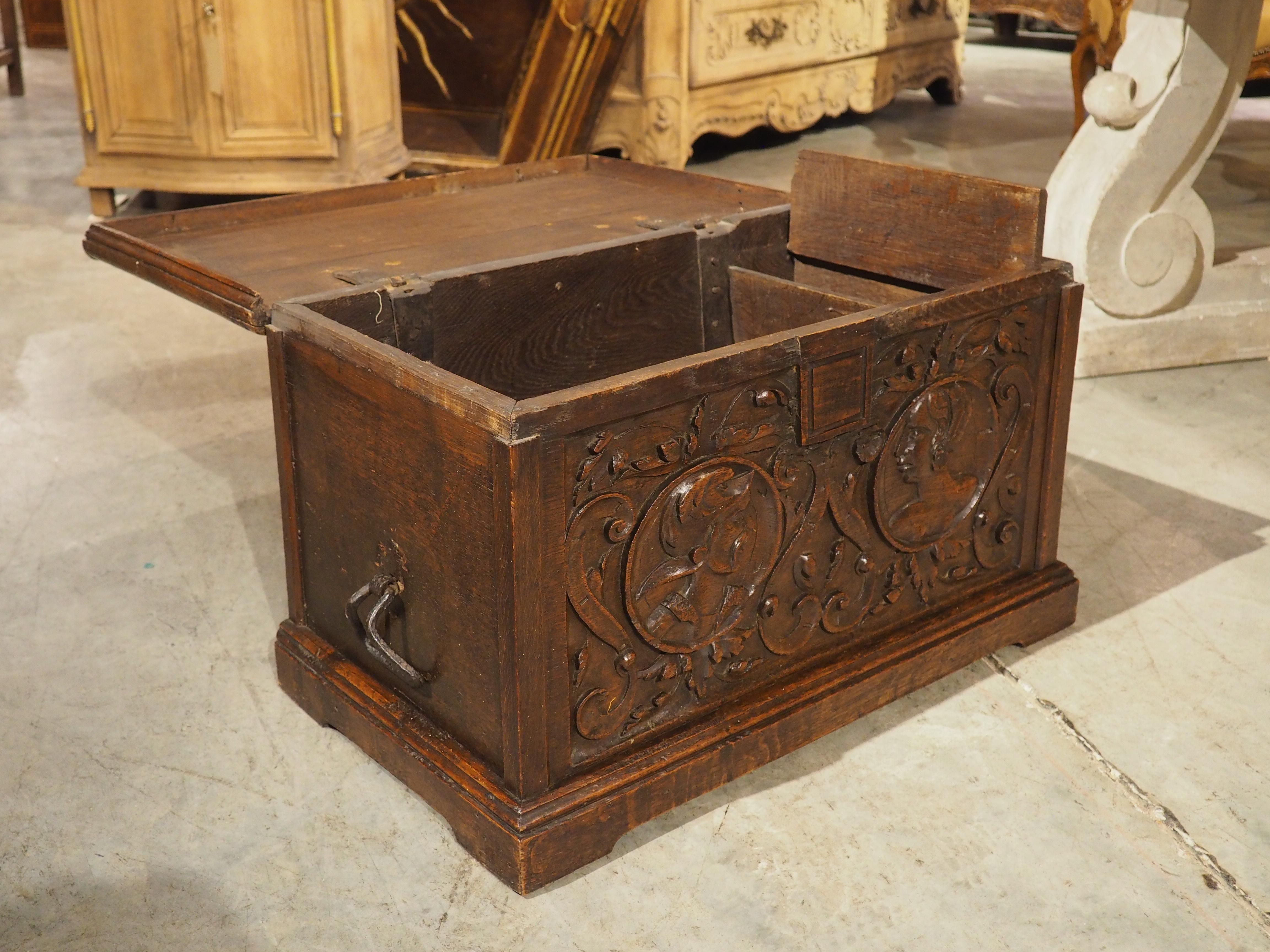 17th Century Northern France Wedding Chest in Carved Oak For Sale 9