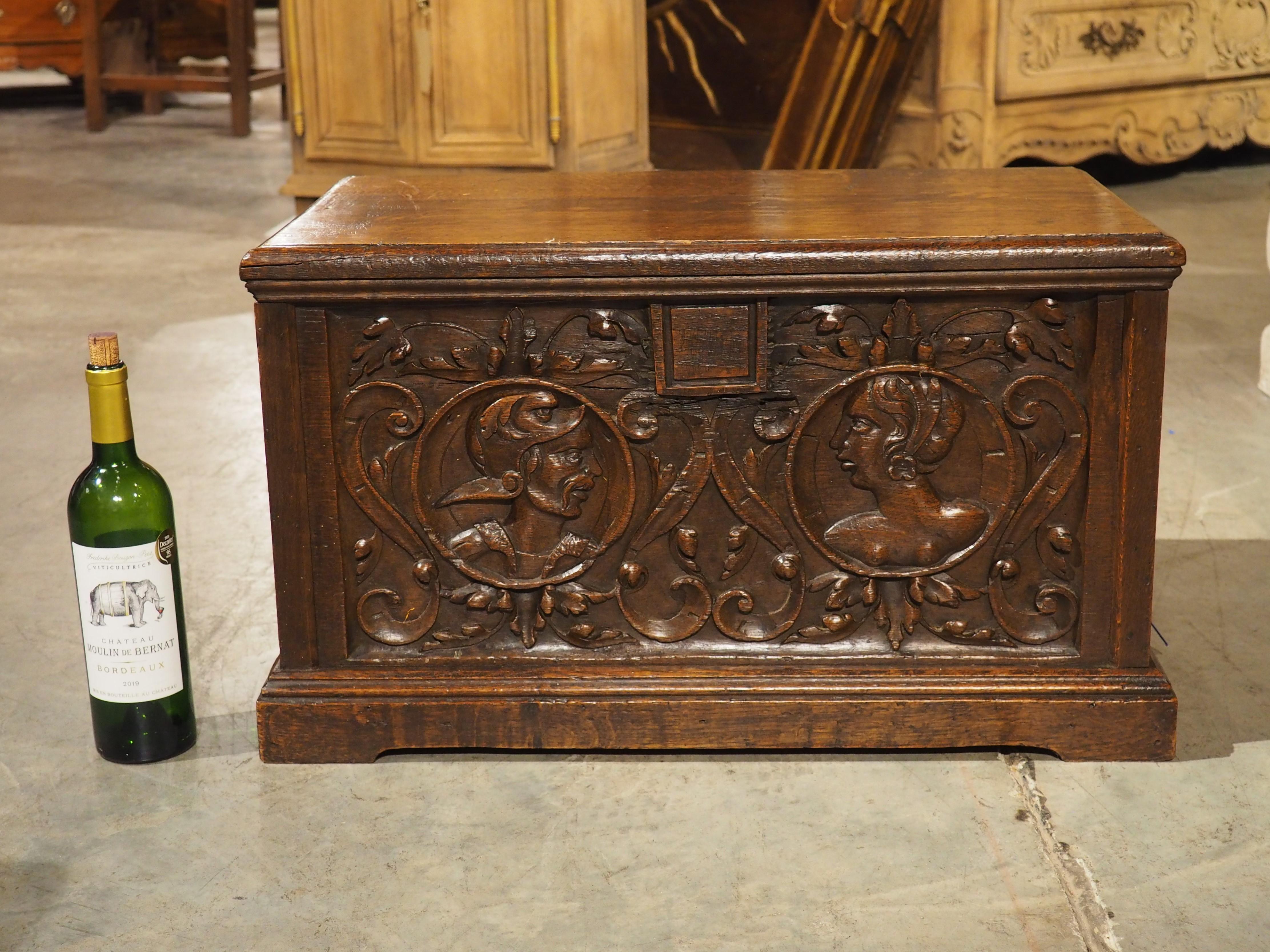 17th Century Northern France Wedding Chest in Carved Oak For Sale 11