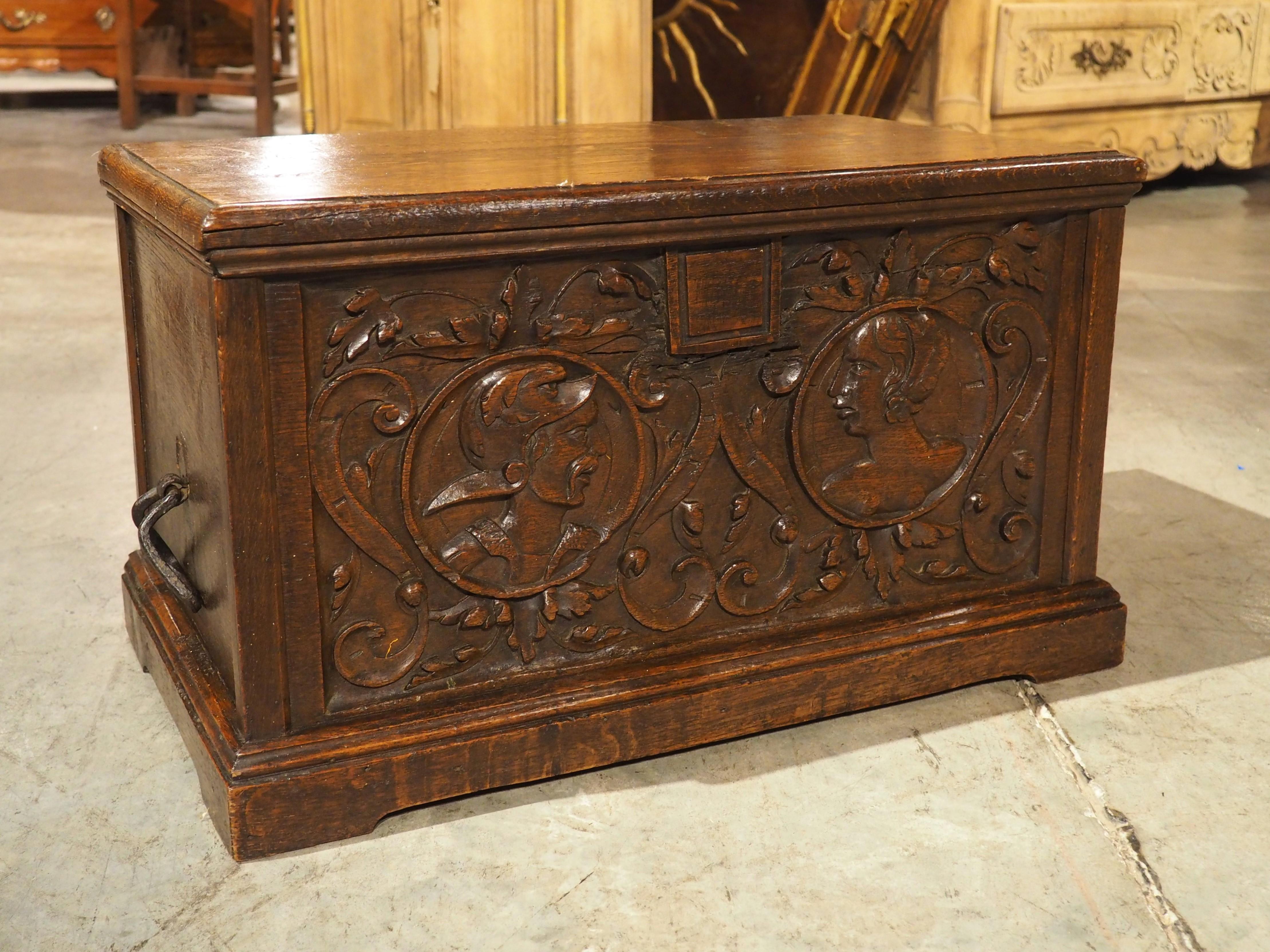 17th Century Northern France Wedding Chest in Carved Oak For Sale 12