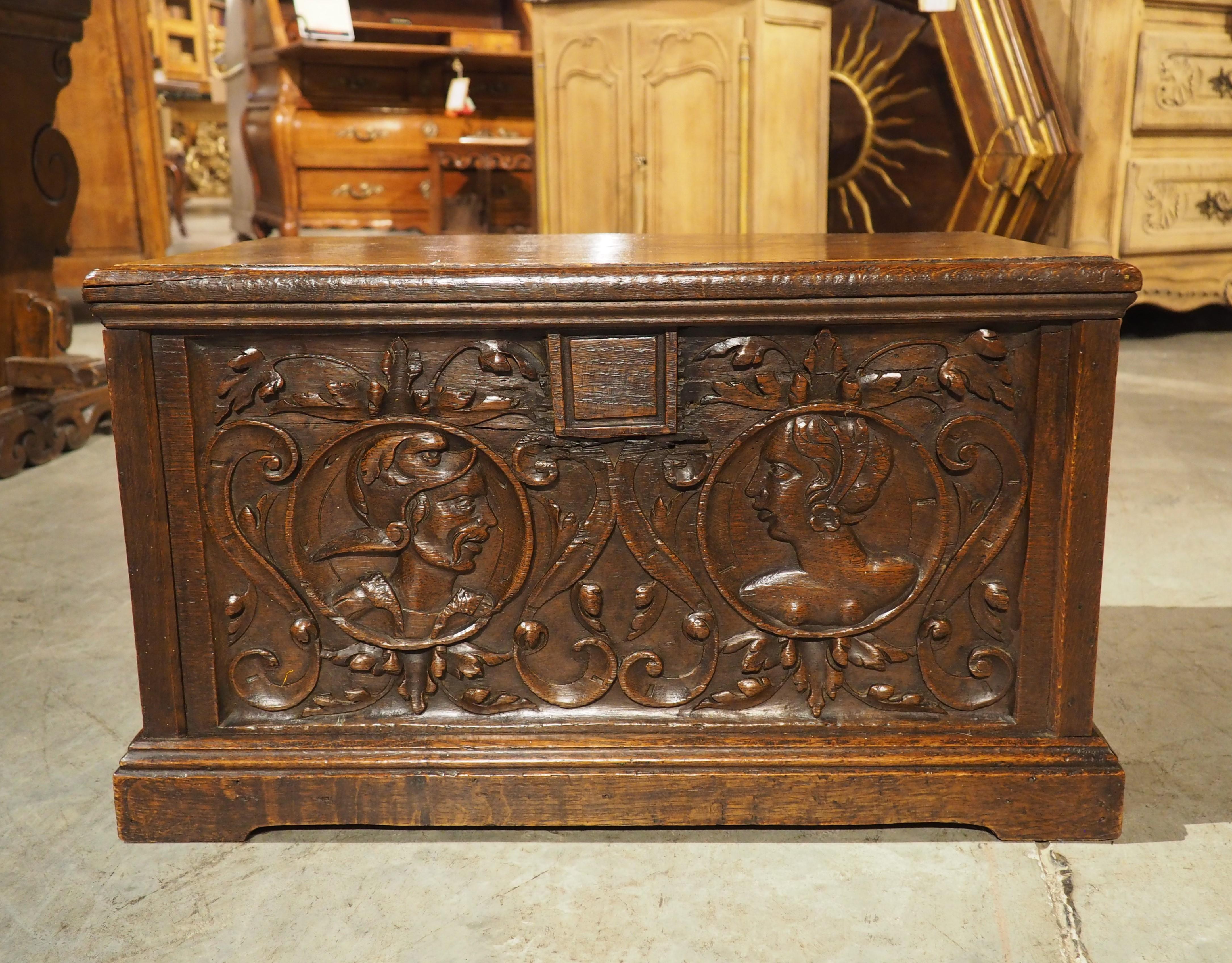 French 17th Century Northern France Wedding Chest in Carved Oak For Sale