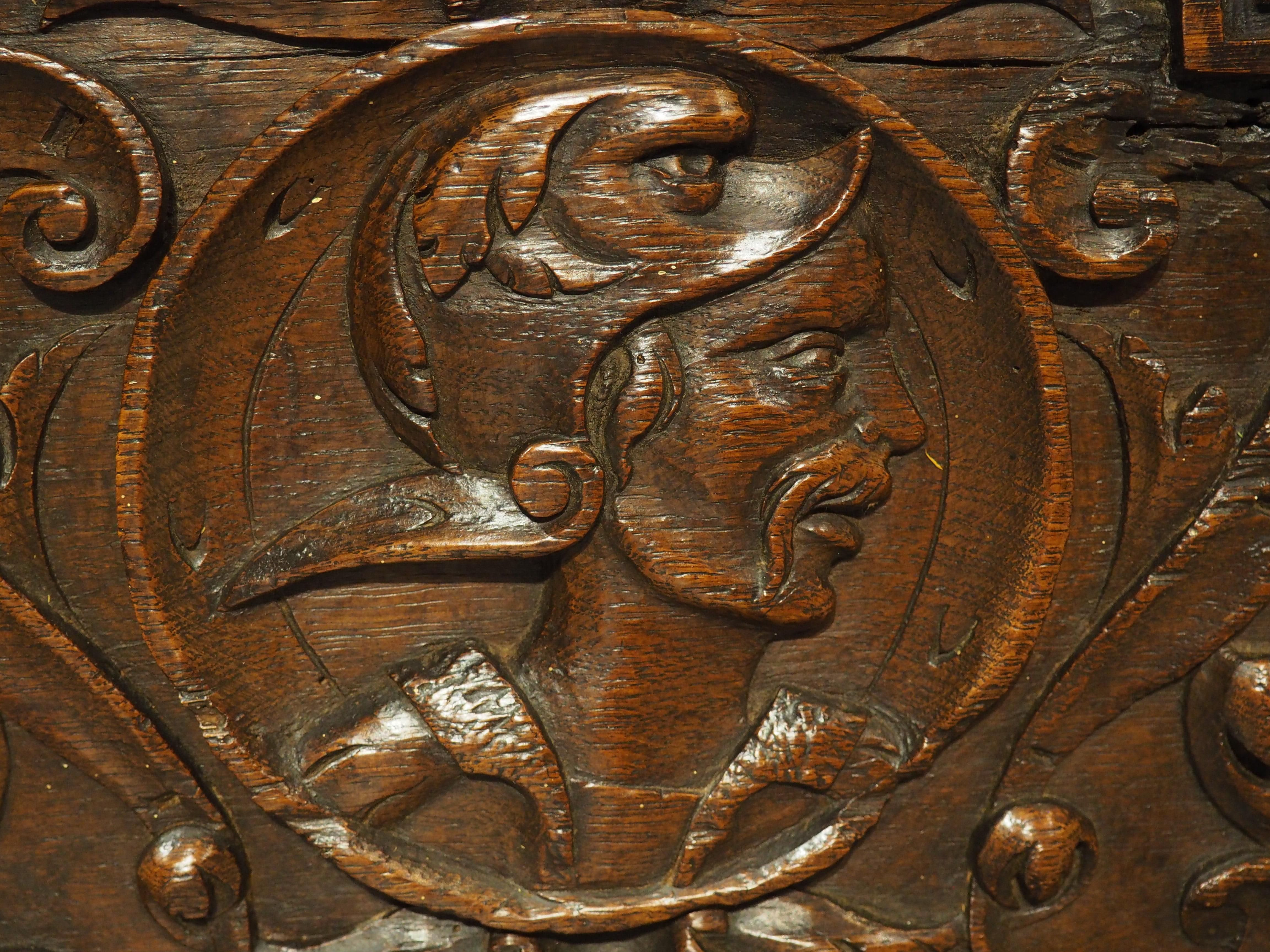 Metal 17th Century Northern France Wedding Chest in Carved Oak For Sale