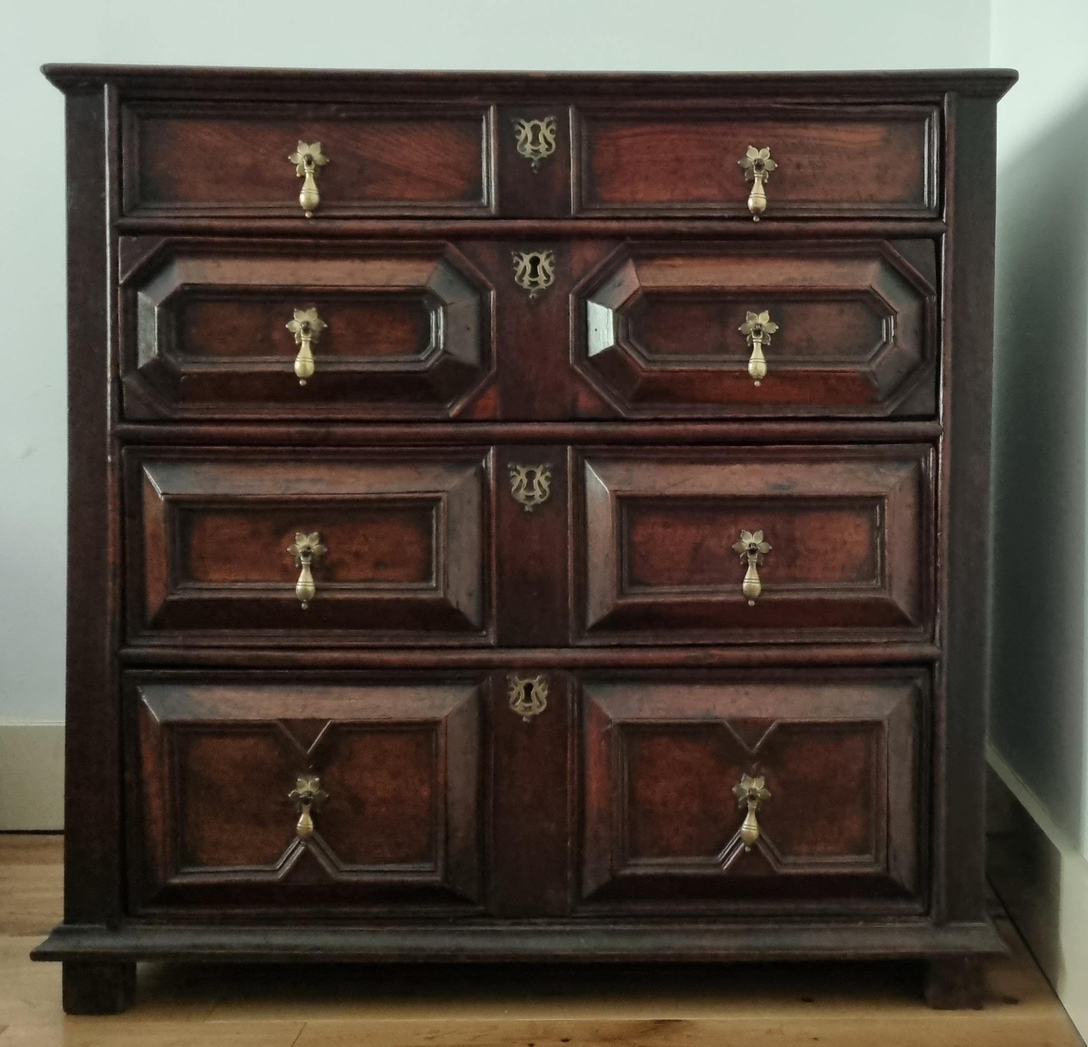Cassettiera in Oak inglese della fine del XVII secolo, circa 1680, del periodo Charles II. 

Questa cassapanca robusta ed eccezionalmente ben costruita mostra la durevolezza del rovere, completata da splendidi pannelli in noce.

La cassettiera è