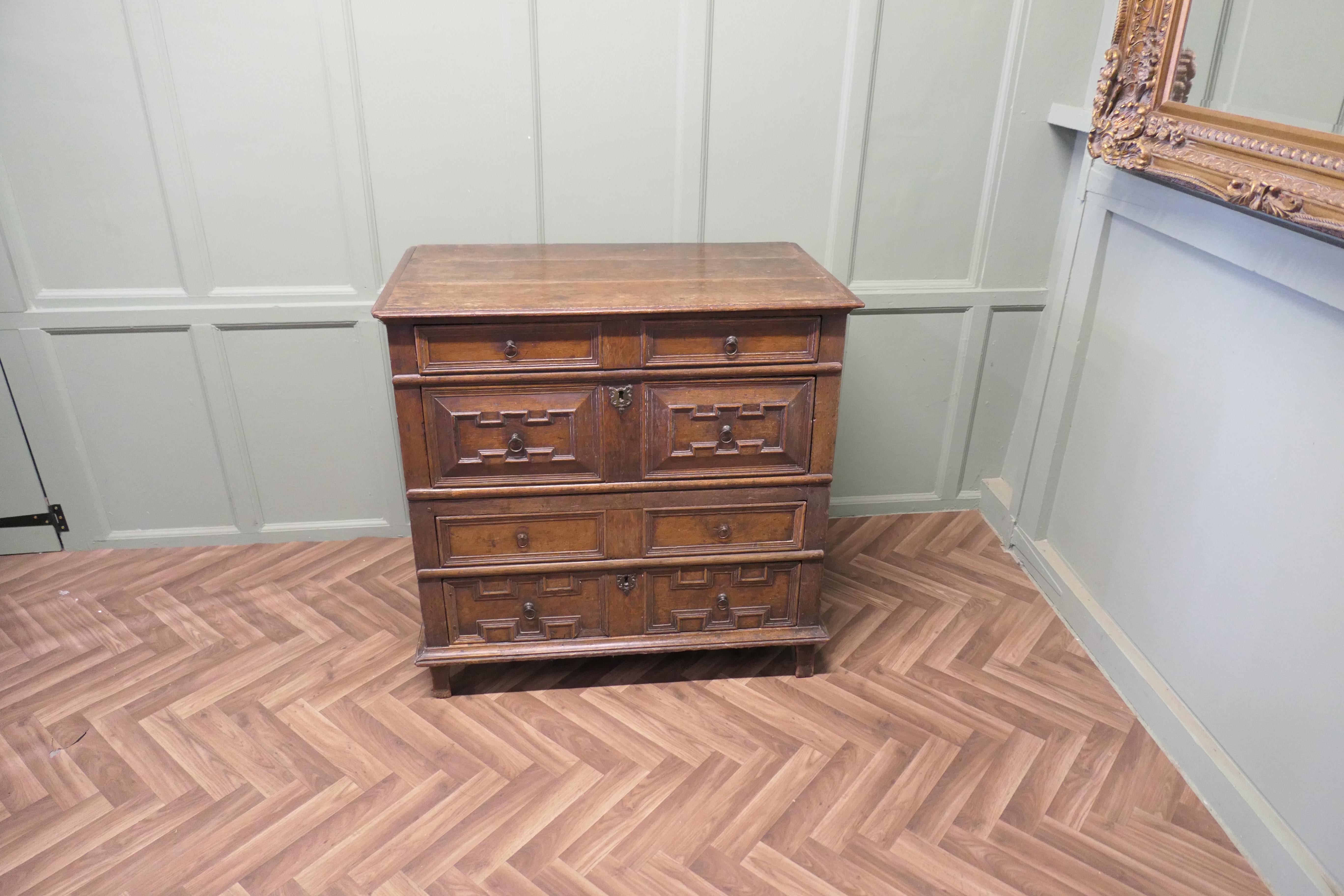 17th Century Oak Chest of Drawers or Garret Chest

 A Garret Chest is one that can be broken down to give ease of access usually to a garret room or attic bedroom 
The chest has 4 long drawers, the drawer fronts are trimmed with geometric mouldings,