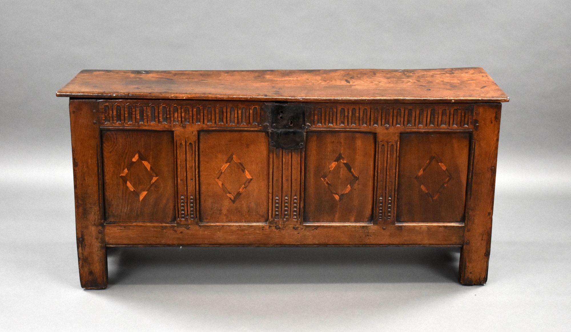 For sale is a good quality 17th century oak coffer, having a hinged lid above four inlaid panels, raised on bracket feet. The coffer remains in good condition for its age.

Width: 132cm Depth: 38cm Height: 63cm