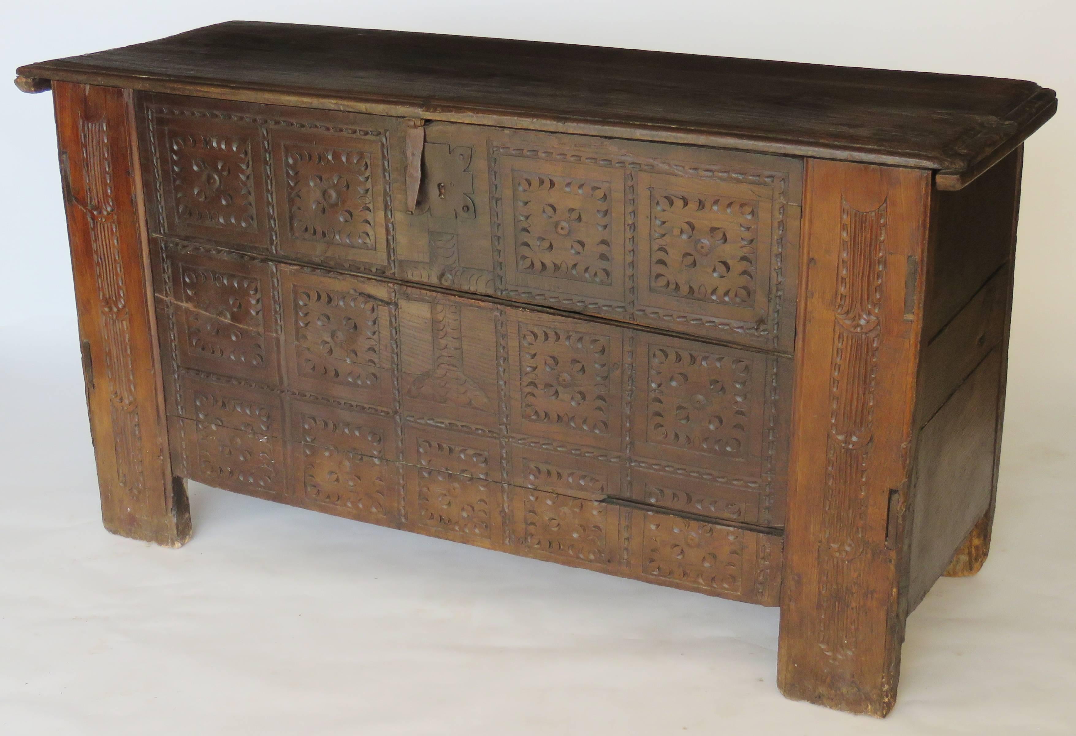 Baroque 17th Century Oak Coffer, Trunk, Chest of Arms For Sale