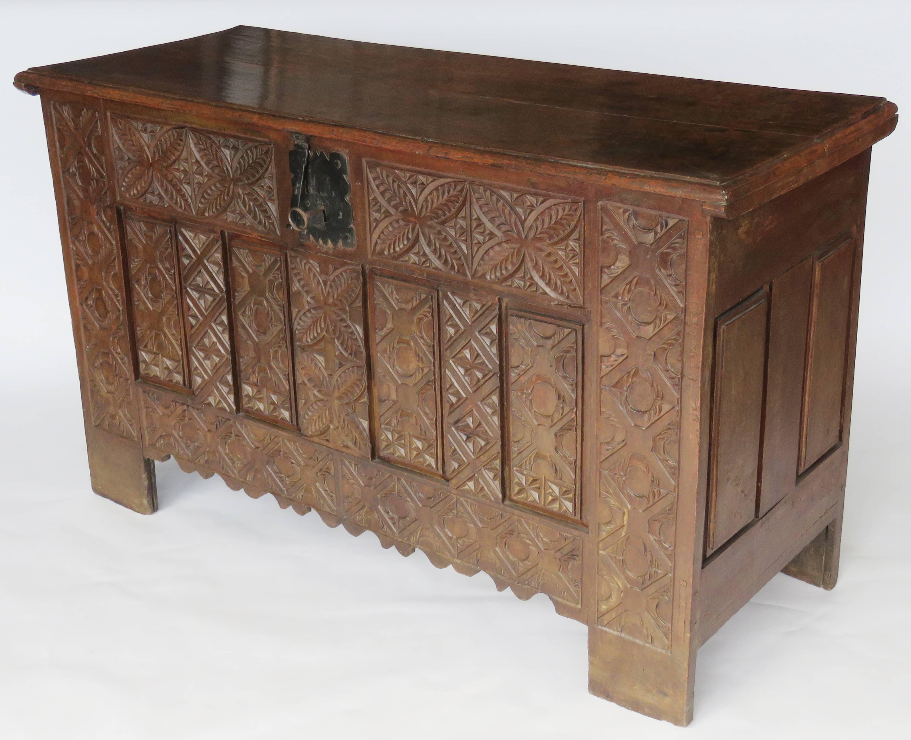 Hand-Carved 17th Century Oak Dowry Chest, Coffer, Trunk For Sale