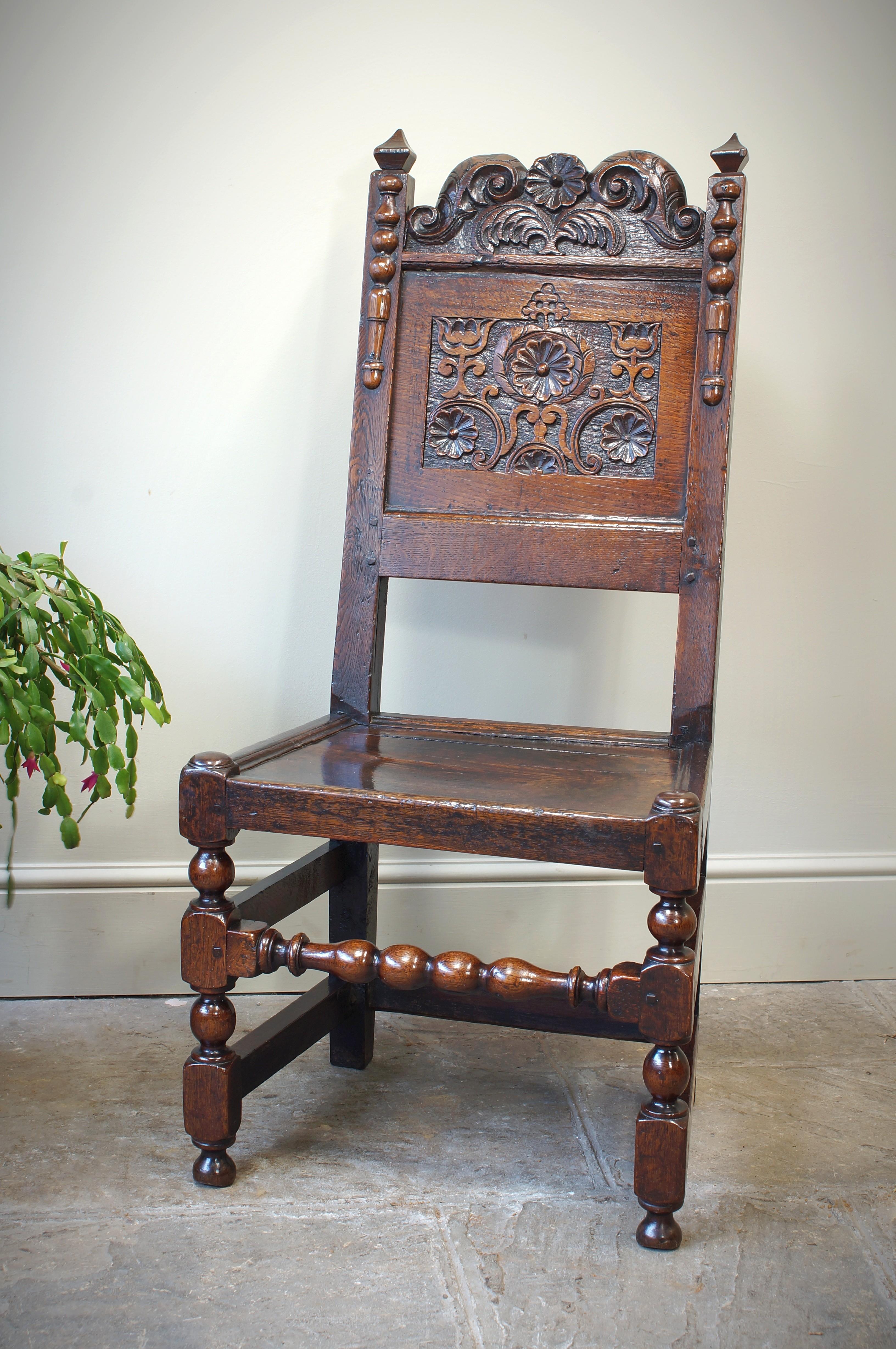 Charles II 17th Century Oak Lancashire Side Chair/ Back stool. For Sale